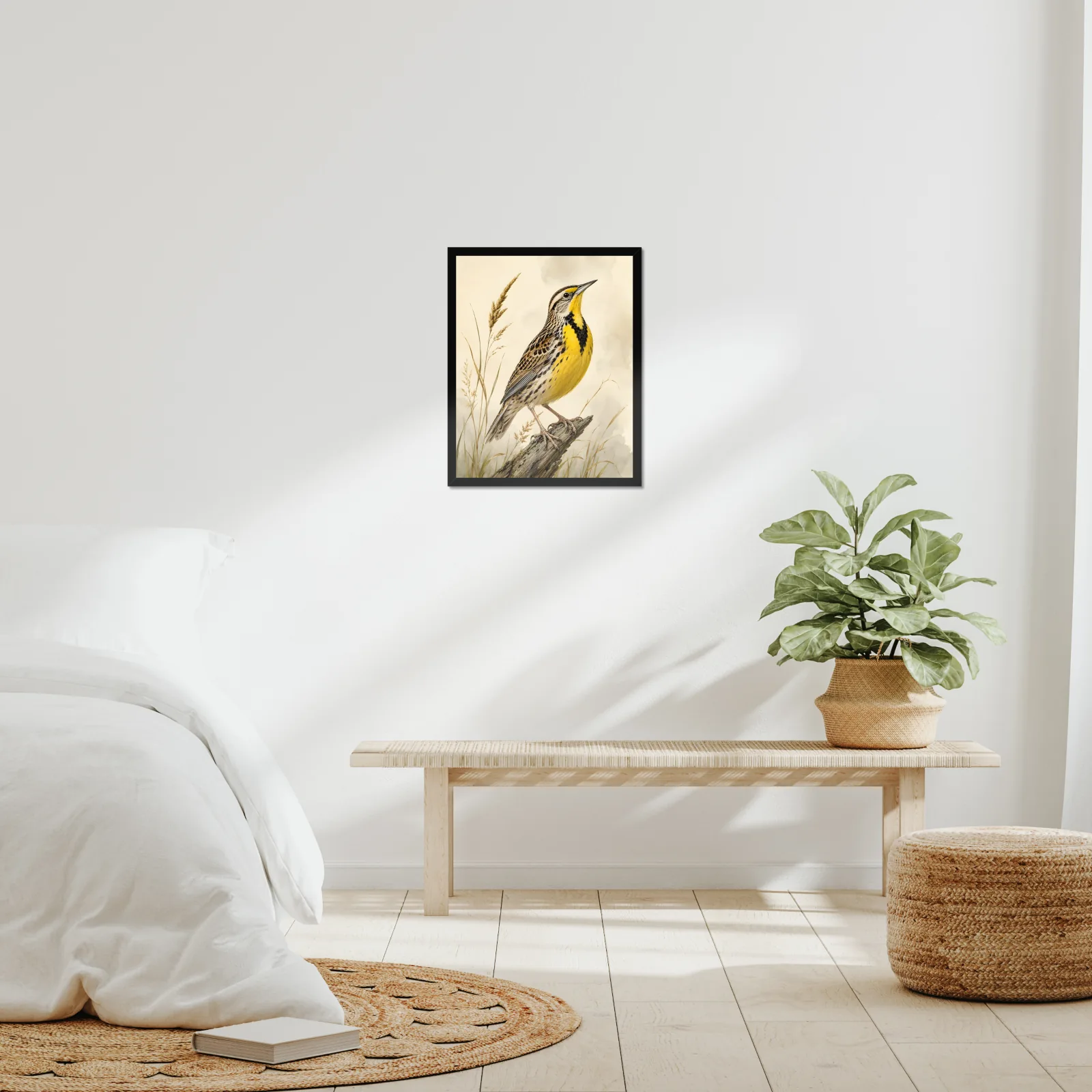Eastern Meadowlark Print framed at 16x20 inches, shown on a wall to scale