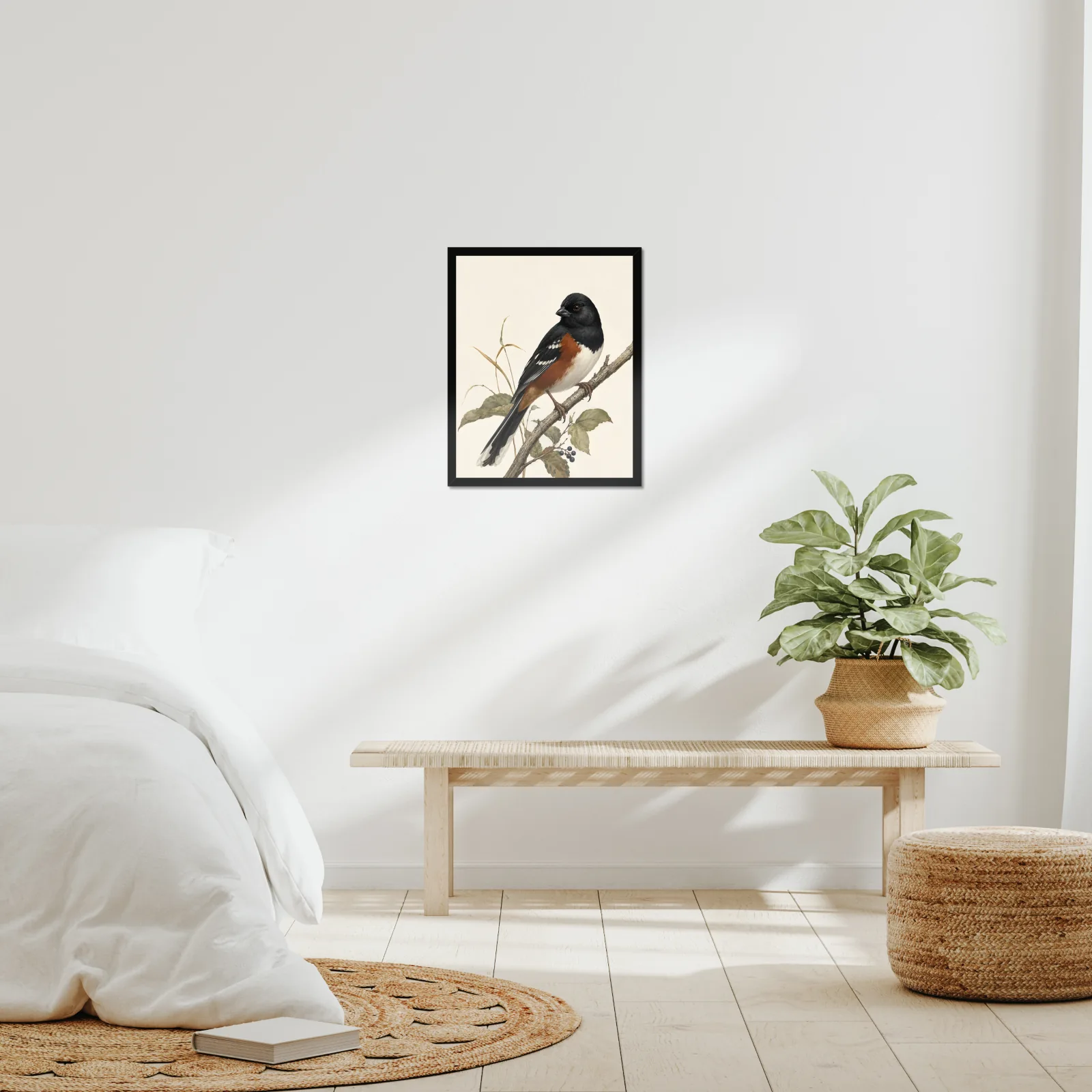 Eastern Towhee Print framed at 16x20 inches, shown on a wall to scale