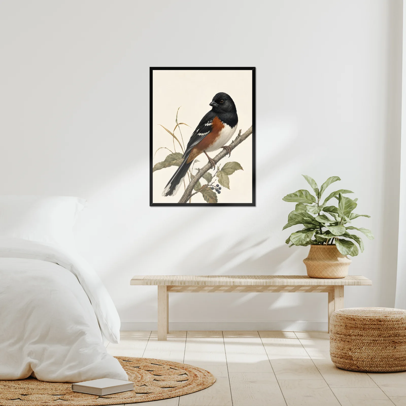 Eastern Towhee Print framed at 24x30 inches, shown on a wall to scale