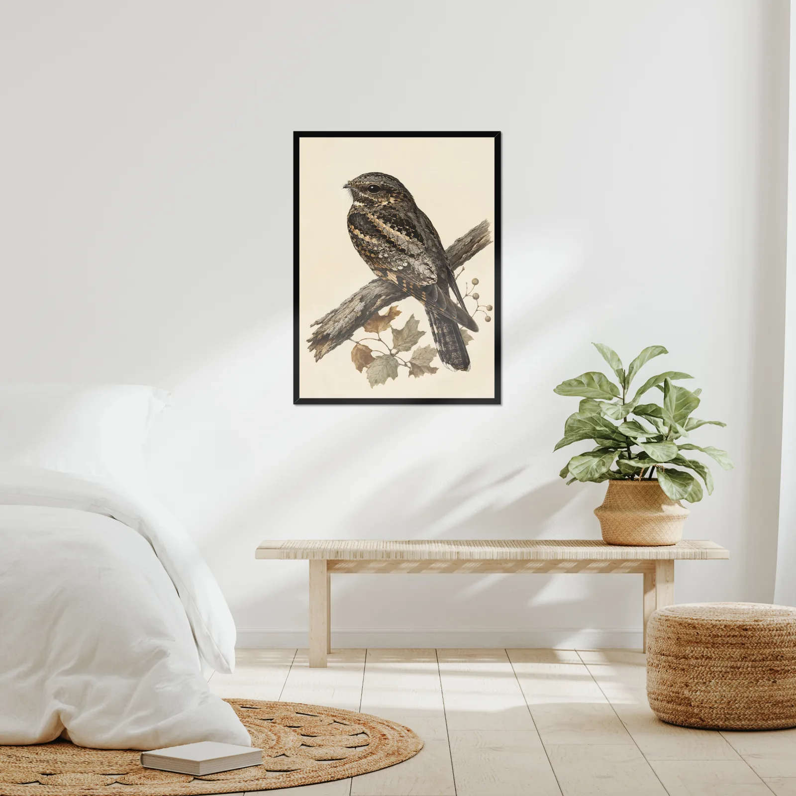 Eastern Whip Poor Will Print framed at 24x30 inches, shown on a wall to scale