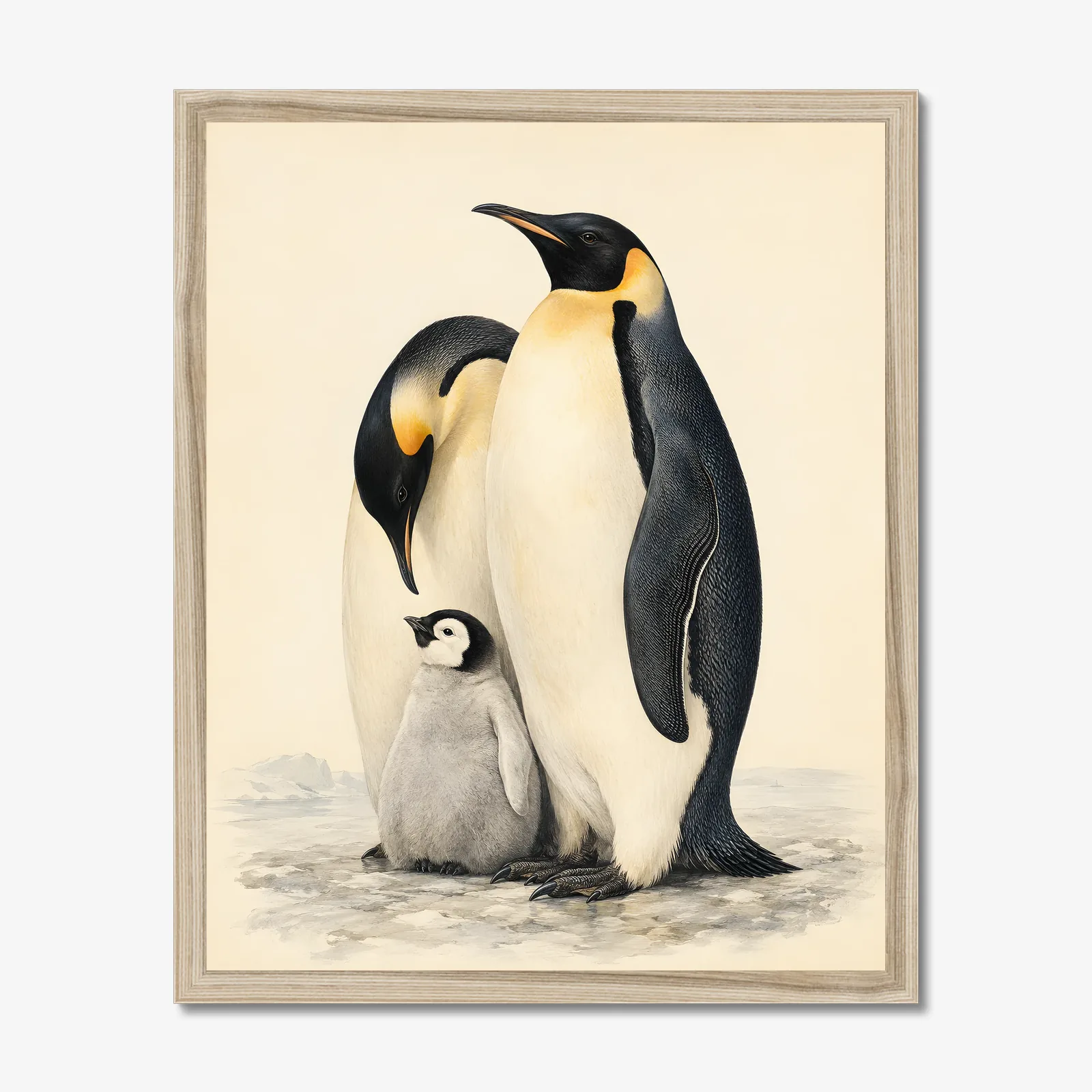 Emperor Penguin Family Print in a natural frame