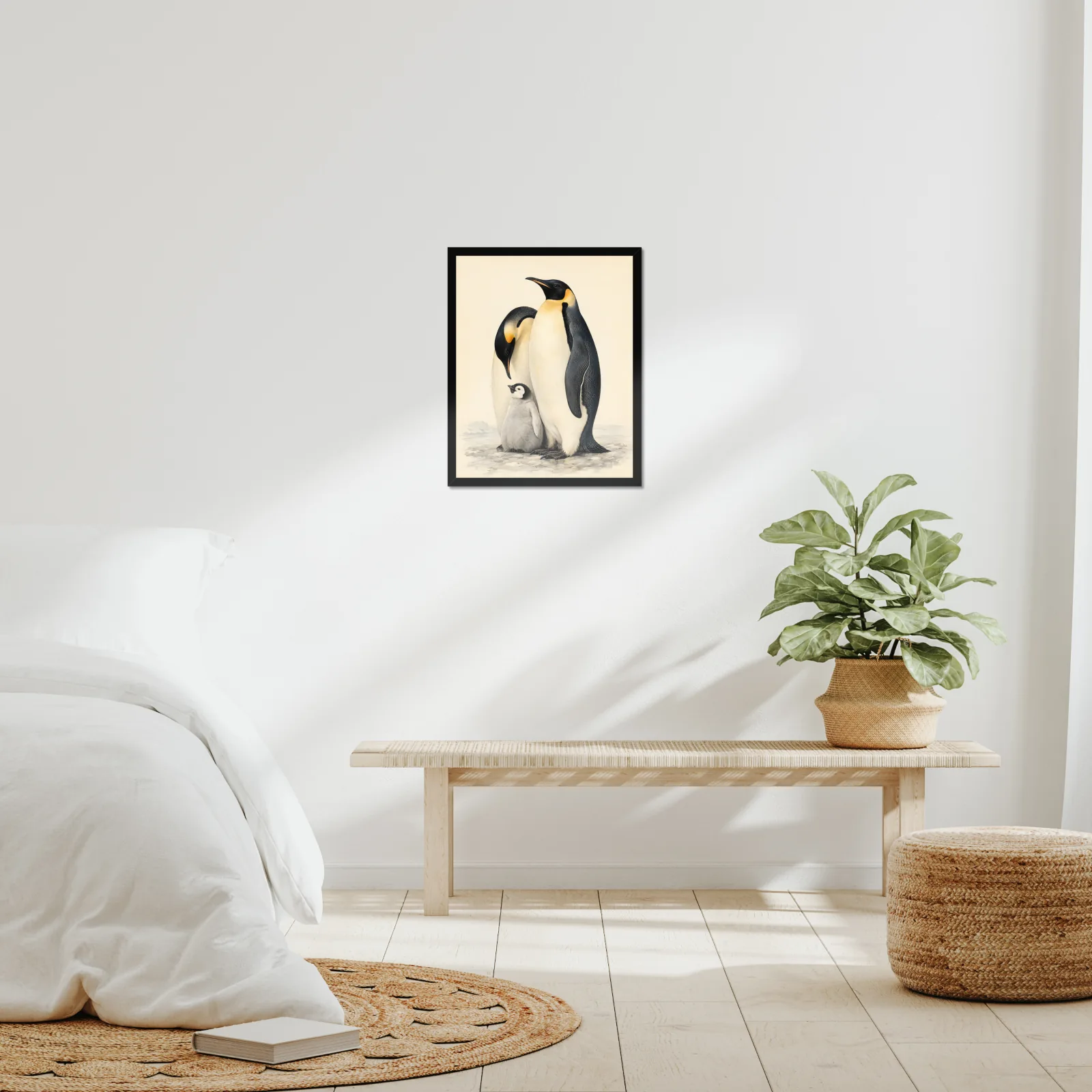 Emperor Penguin Family Print framed at 16x20 inches, shown on a wall to scale