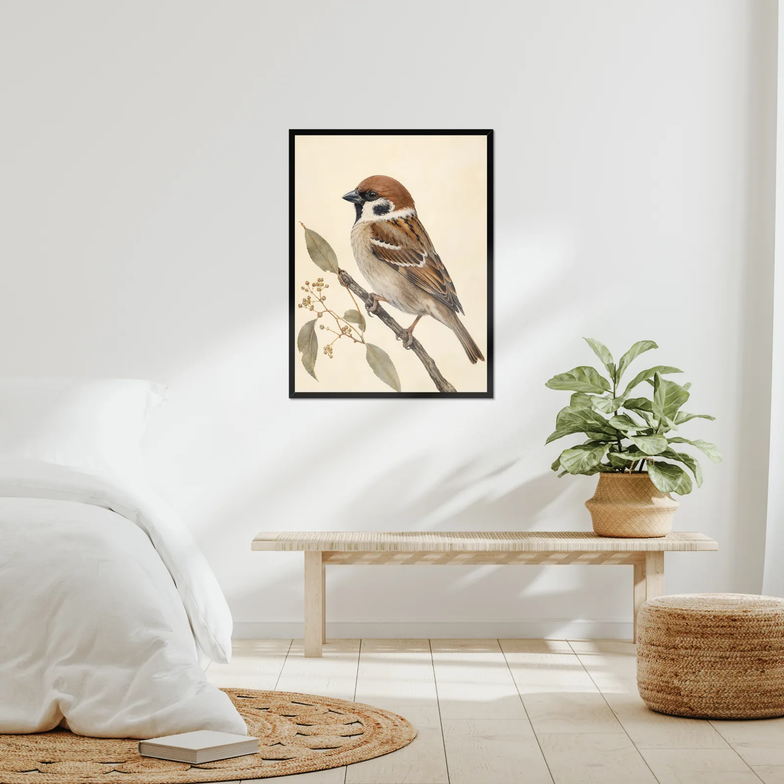 Eurasian Tree Sparrow Print framed at 24x30 inches, shown on a wall to scale
