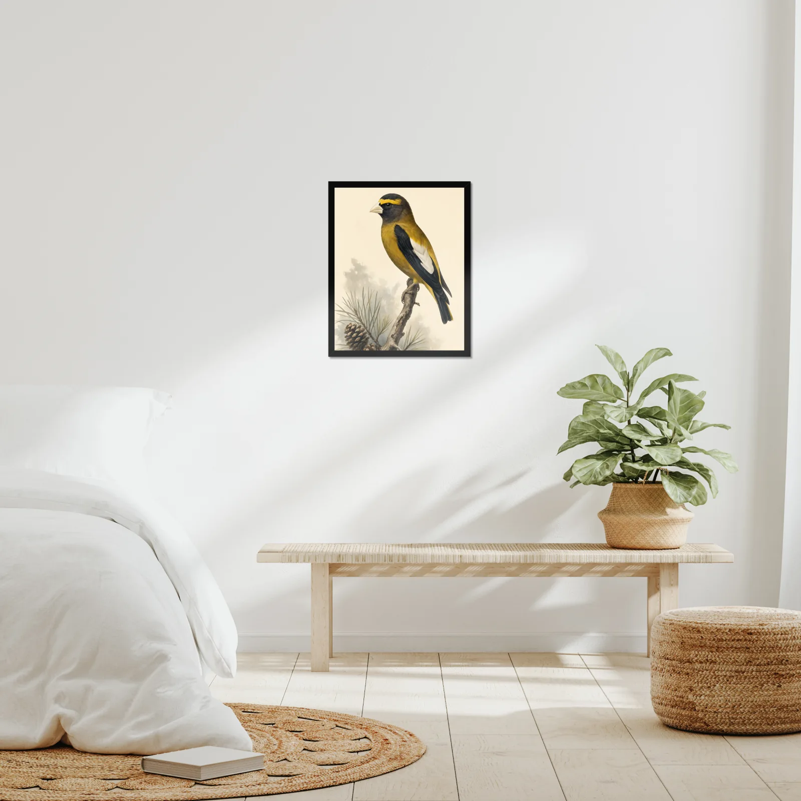 Evening Grosbeak Print framed at 16x20 inches, shown on a wall to scale