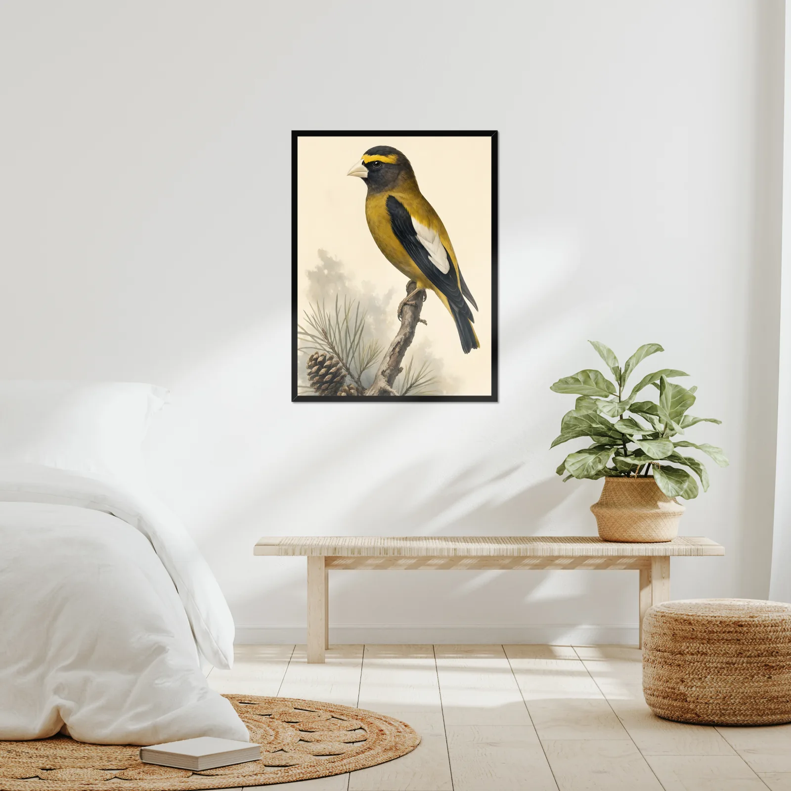 Evening Grosbeak Print framed at 24x30 inches, shown on a wall to scale
