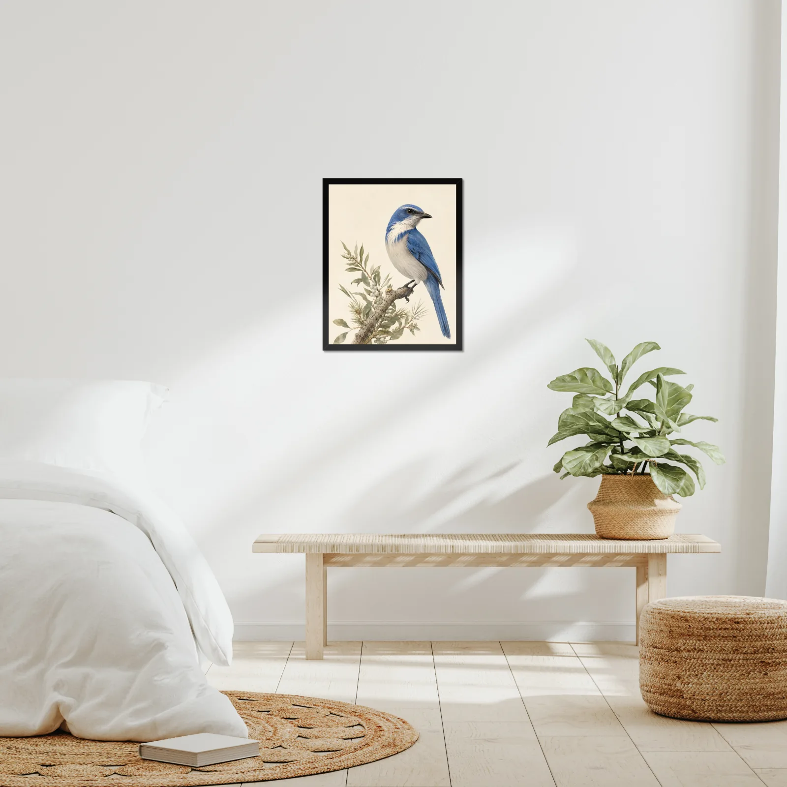 Florida Scrub-Jay Print framed at 16x20 inches, shown on a wall to scale
