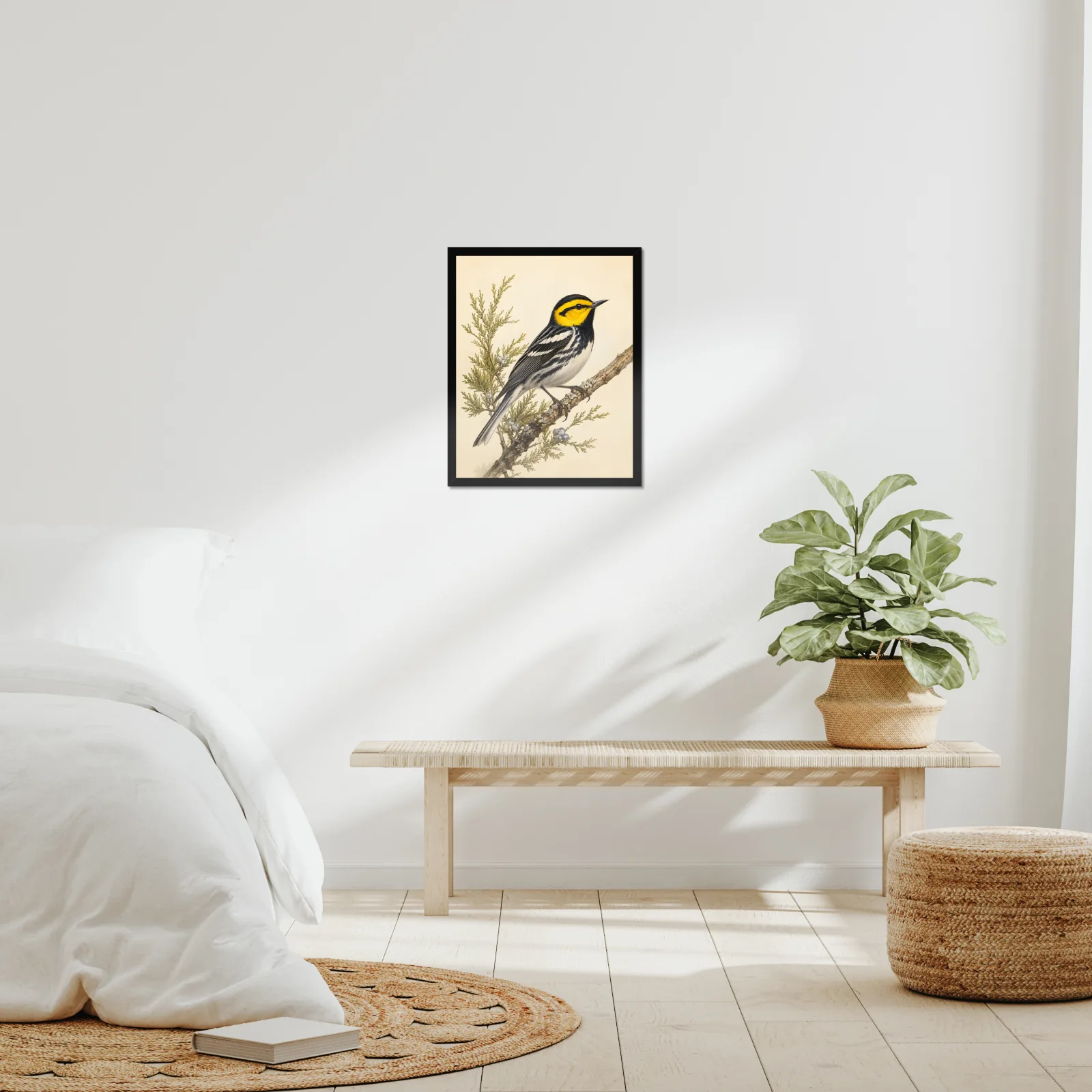 Golden-cheeked Warbler Print framed at 16x20 inches, shown on a wall to scale