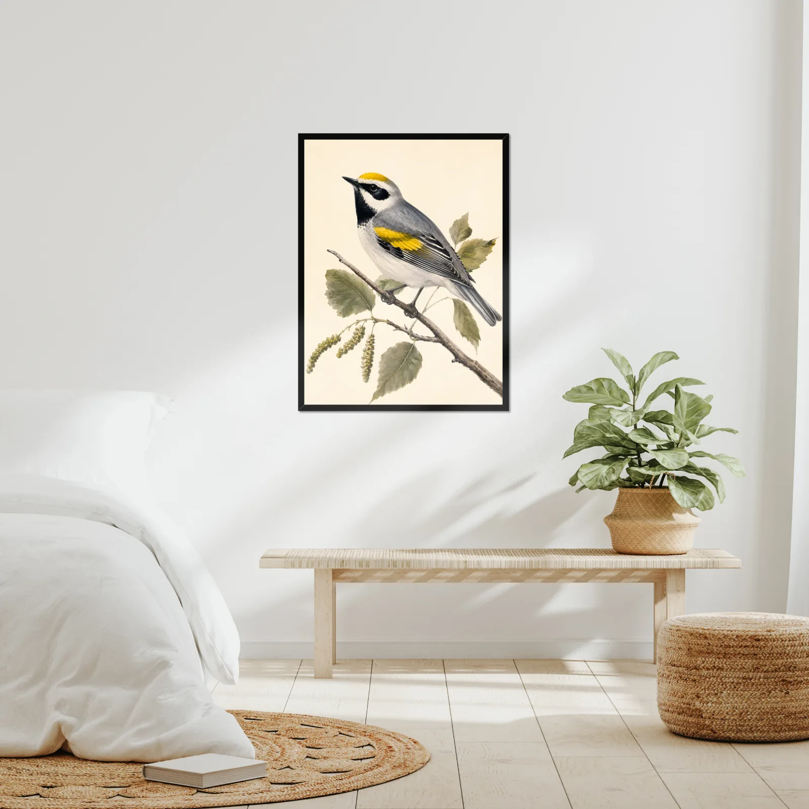 Golden-winged Warbler Print framed at 24x30 inches, shown on a wall to scale