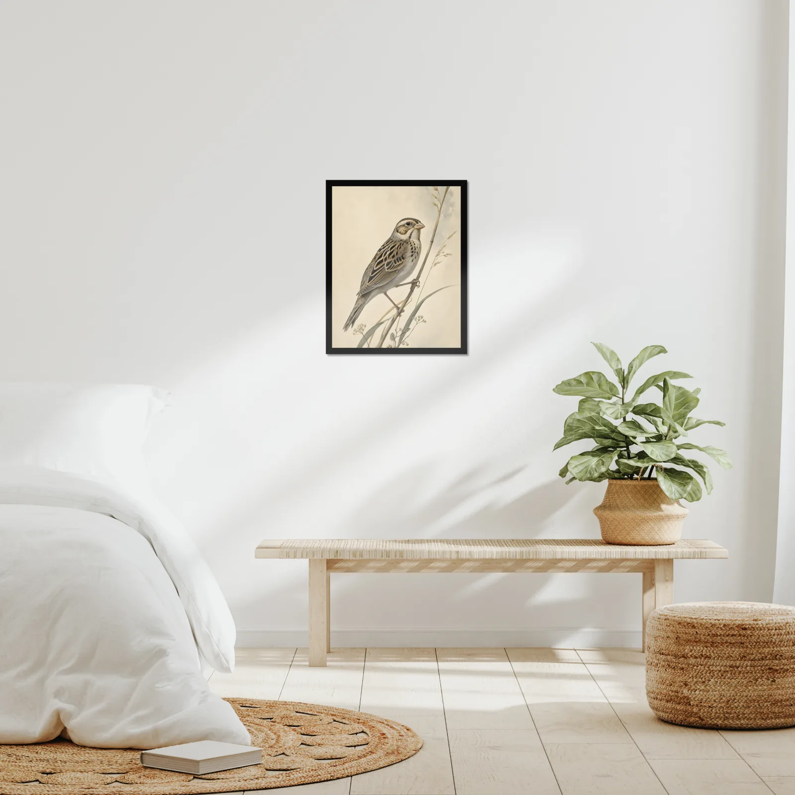 Grasshopper Sparrow Print framed at 16x20 inches, shown on a wall to scale