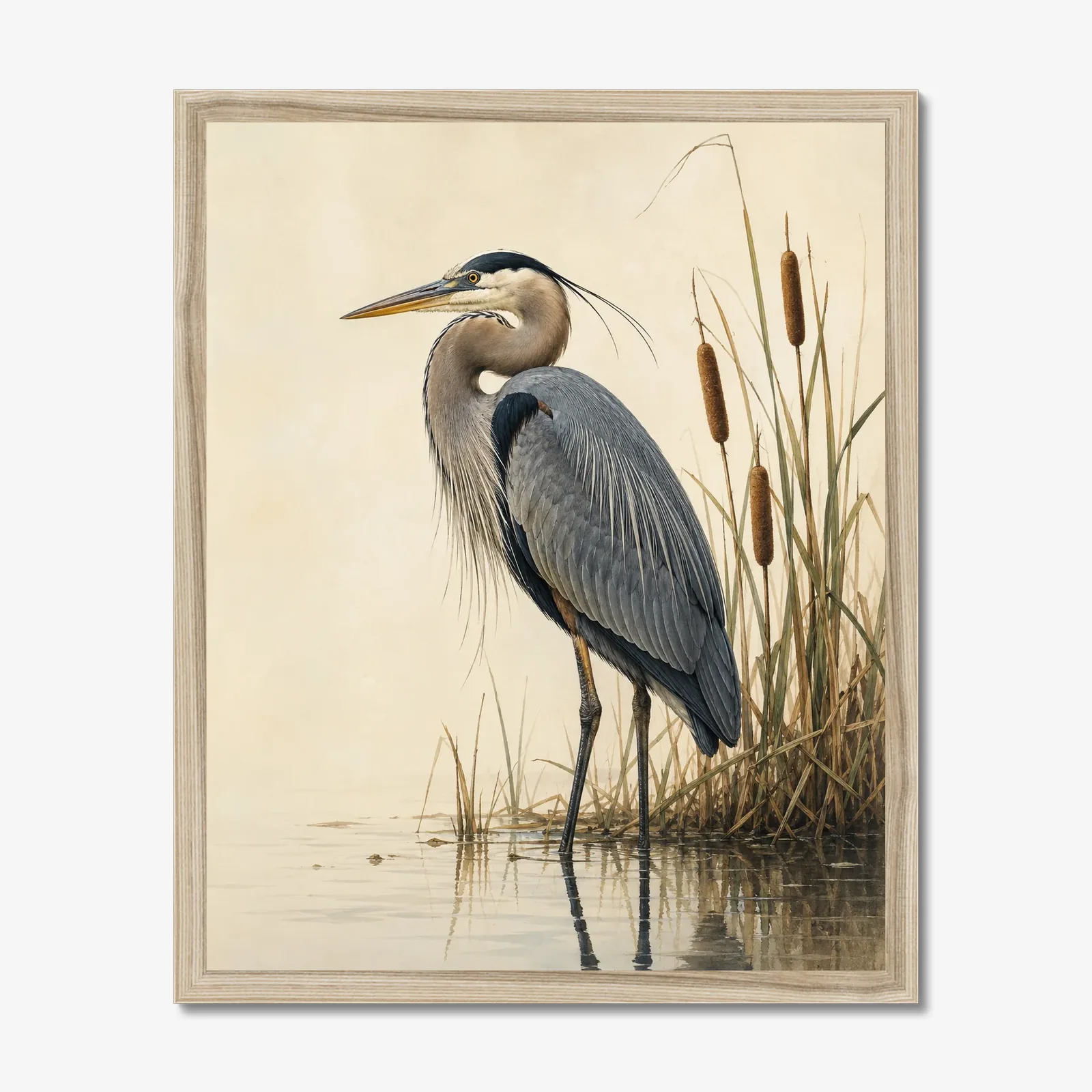 Great Blue Heron print in a natural frame