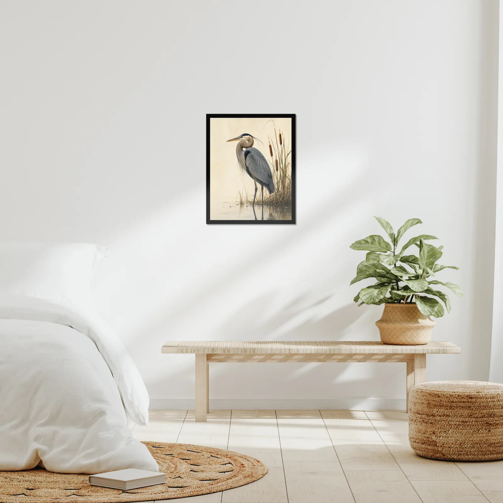 Great Blue Heron print framed at 16x20 inches, shown on a wall to scale