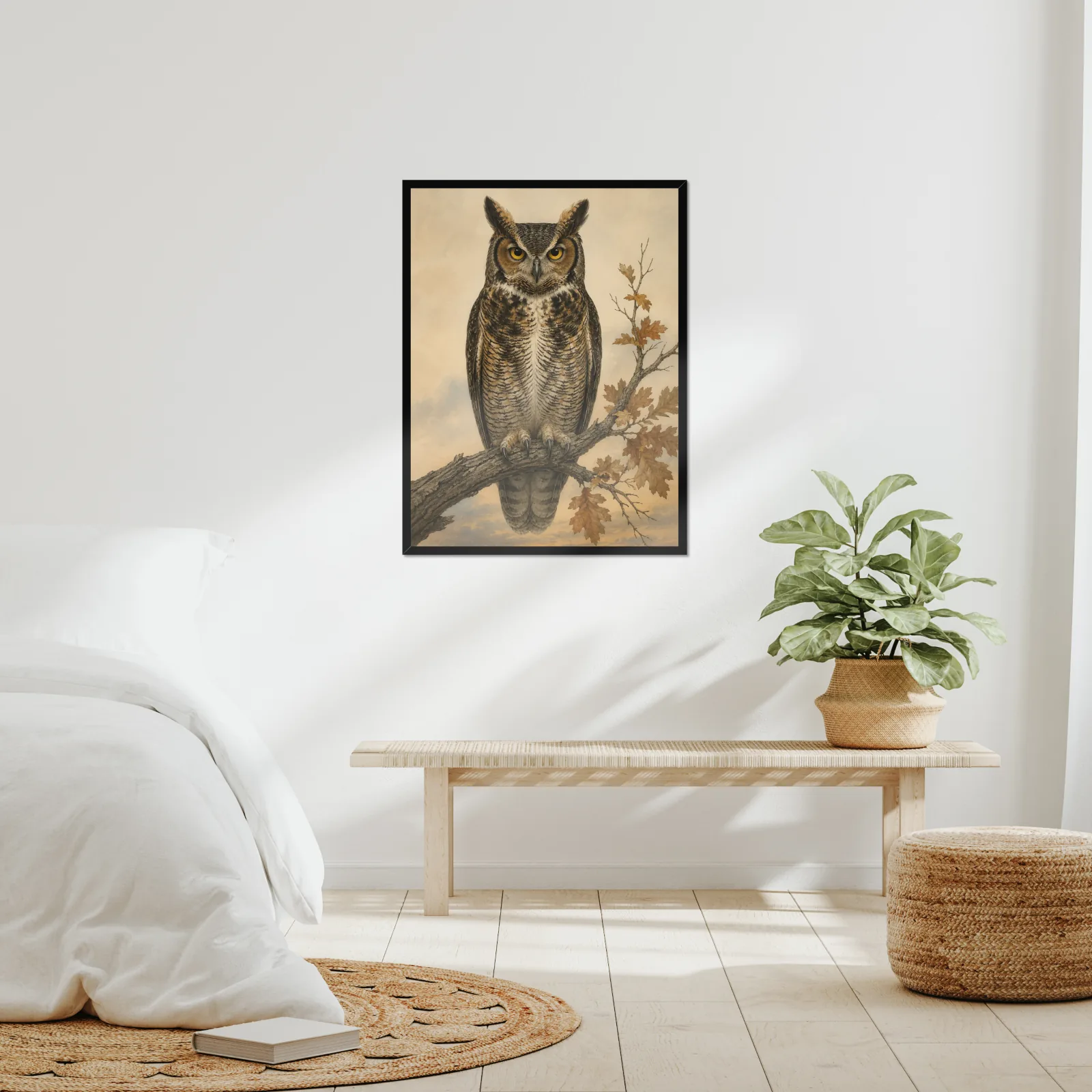 Great Horned Owl Print framed at 24x30 inches, shown on a wall to scale