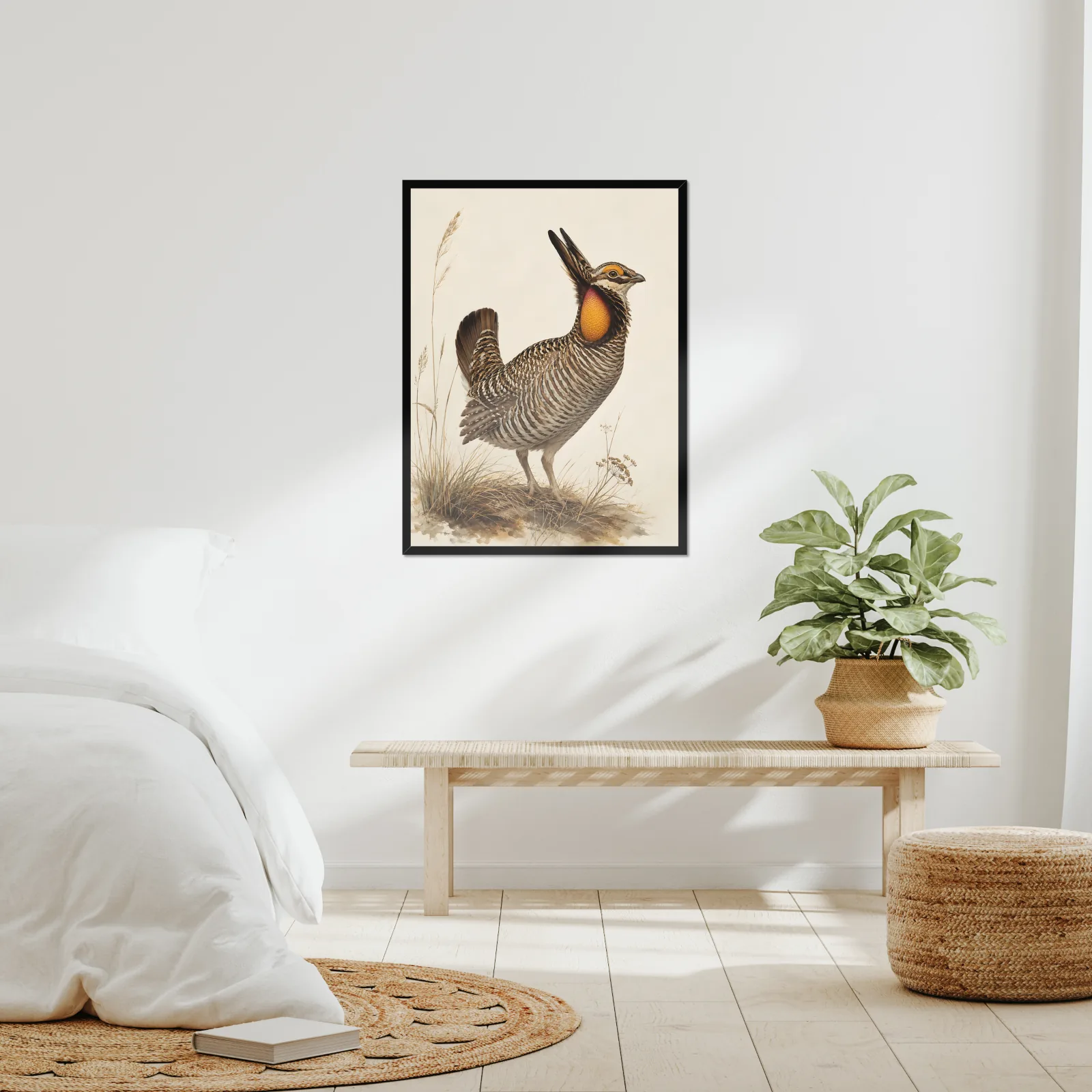 Greater Prairie Chicken Print framed at 24x30 inches, shown on a wall to scale