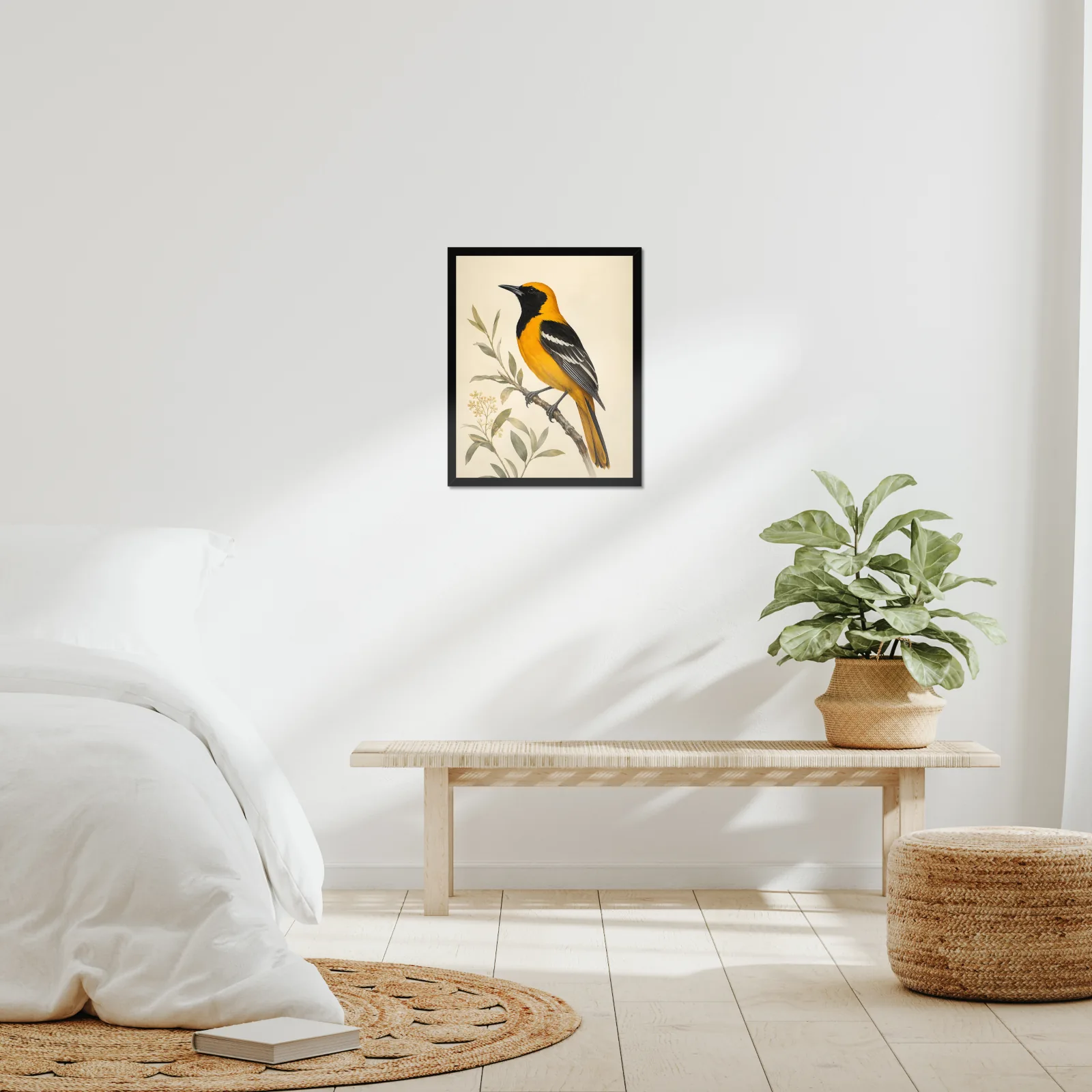 Hooded Oriole Print framed at 16x20 inches, shown on a wall to scale