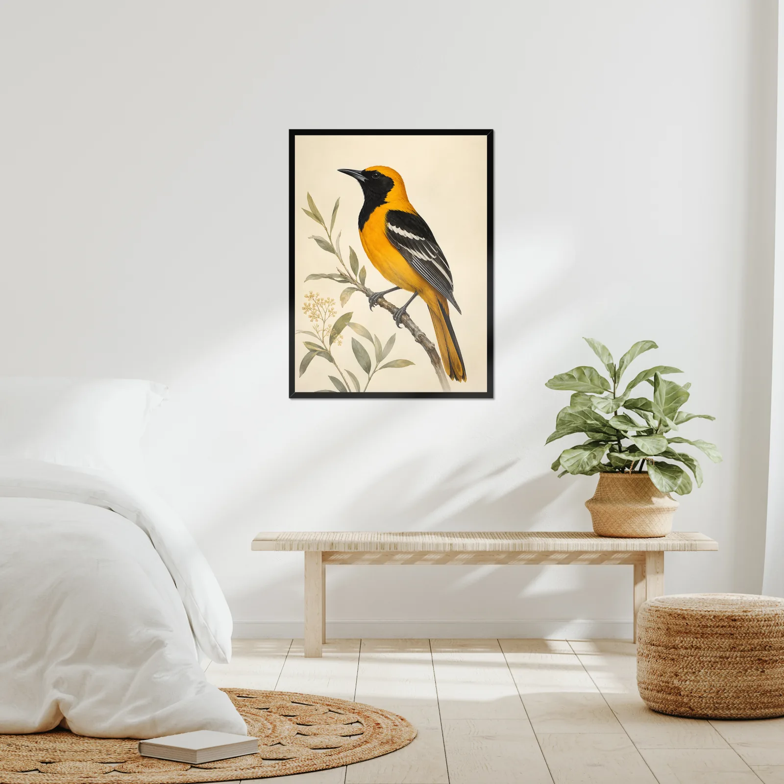 Hooded Oriole Print framed at 24x30 inches, shown on a wall to scale
