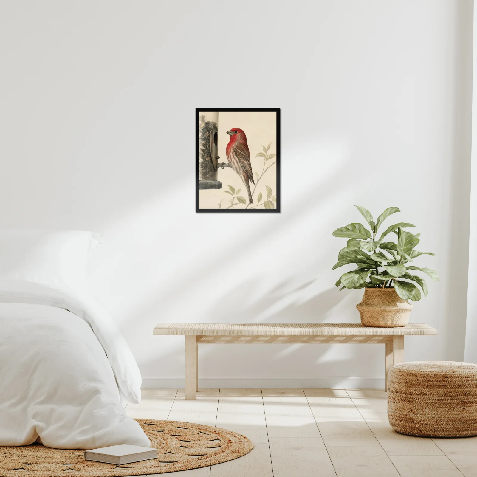 House Finch Print framed at 16x20 inches, shown on a wall to scale