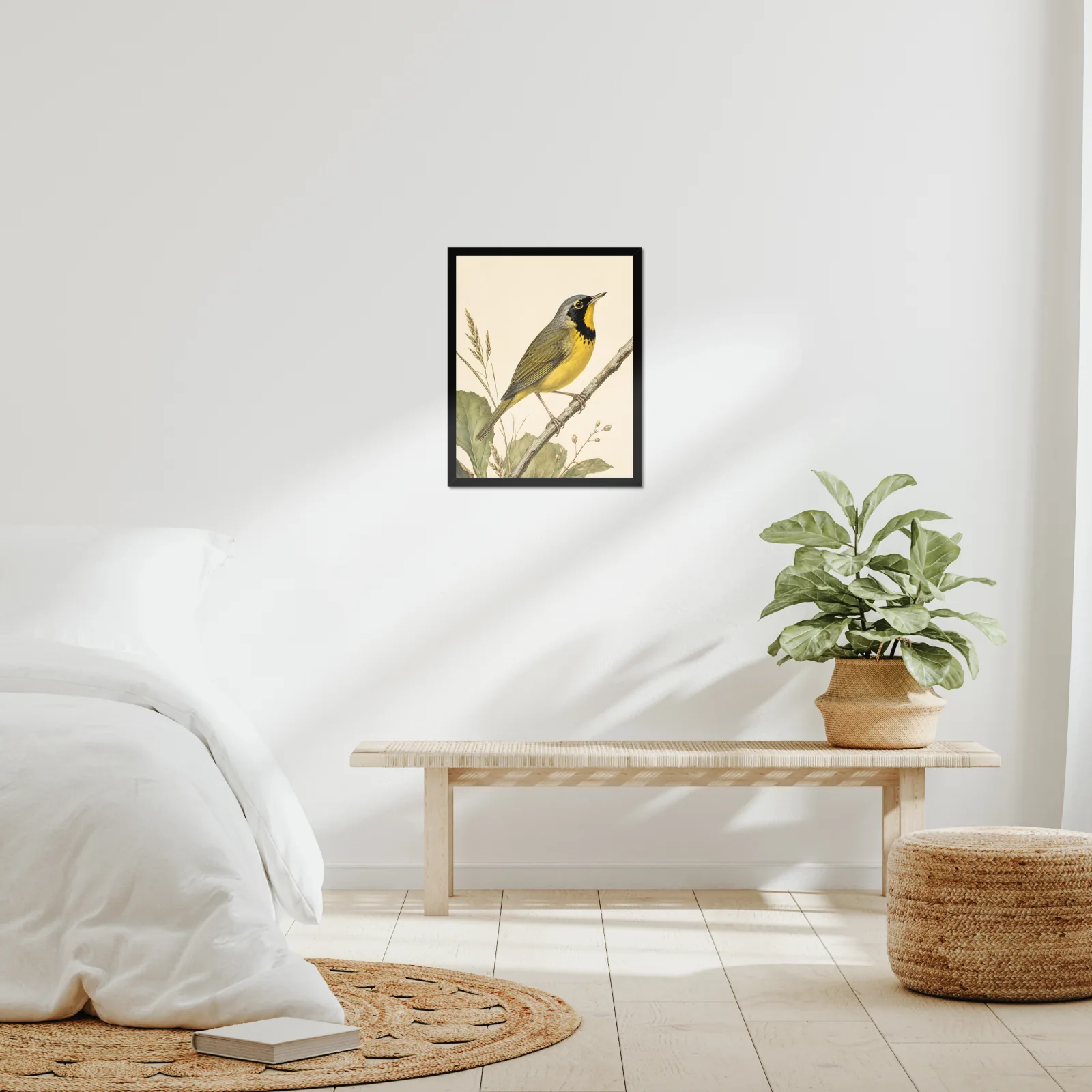 Kentucky Warbler Print framed at 16x20 inches, shown on a wall to scale