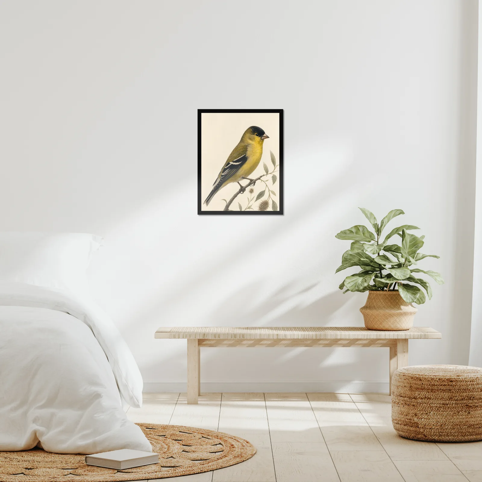 Lesser Goldfinch Print framed at 16x20 inches, shown on a wall to scale