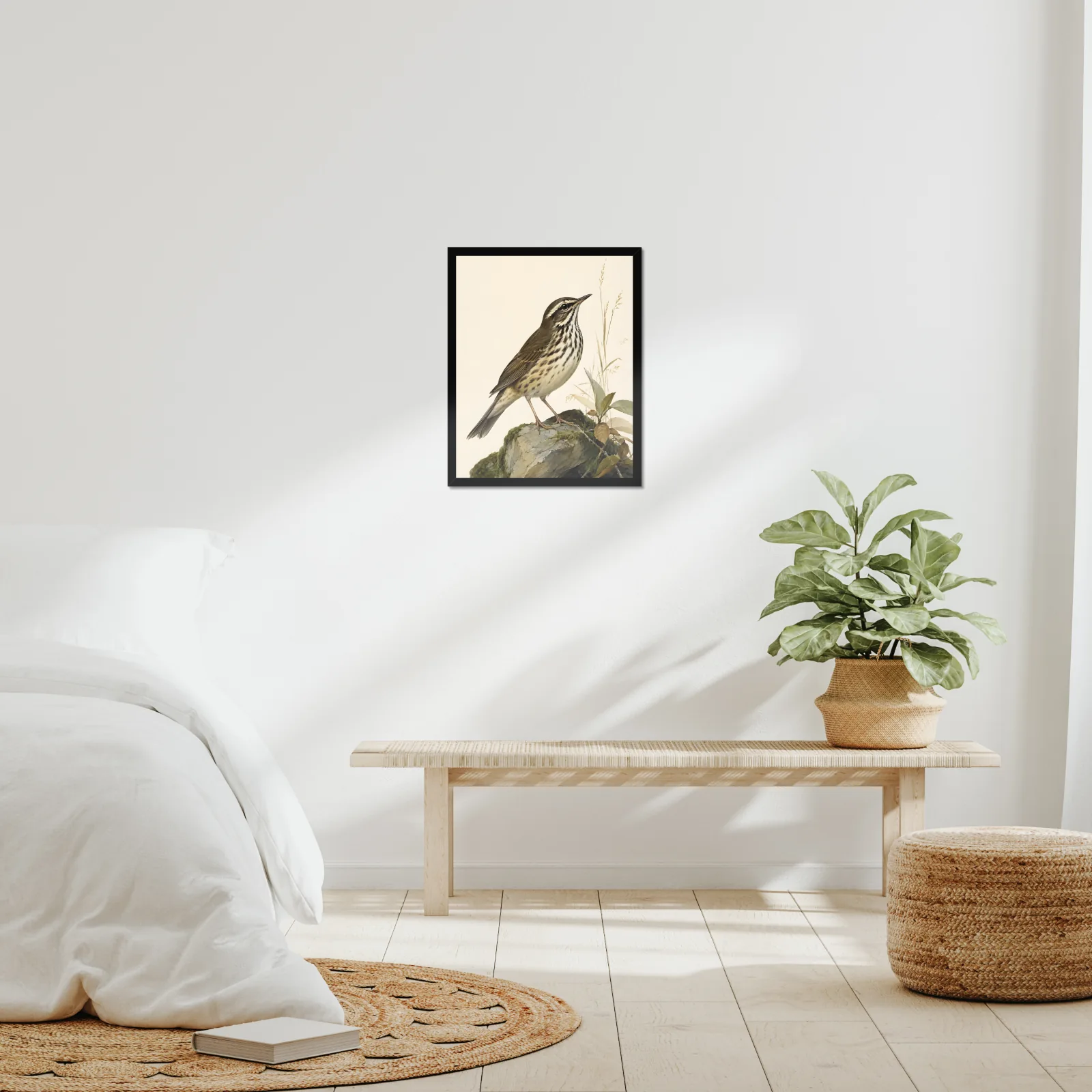 Louisiana Waterthrush Print framed at 16x20 inches, shown on a wall to scale