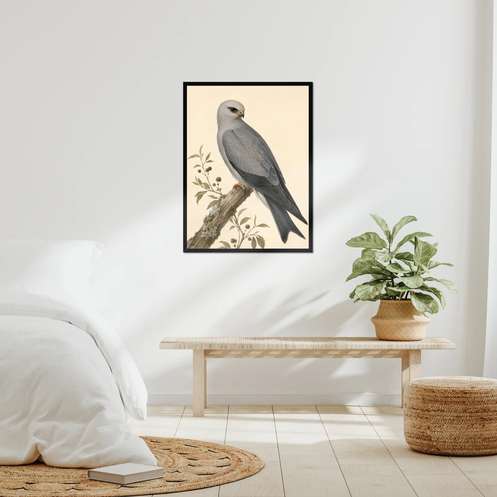 Mississippi Kite Print framed at 24x30 inches, shown on a wall to scale