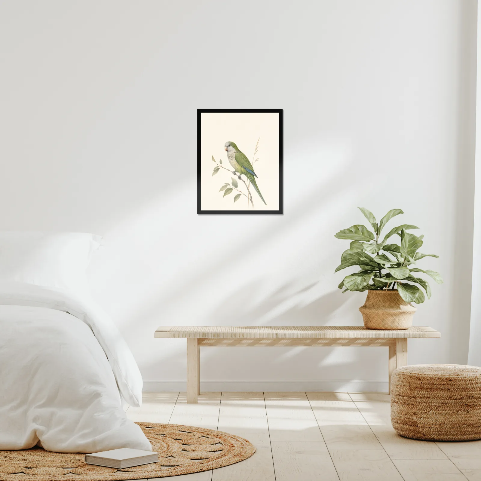 Monk Parakeet Print framed at 16x20 inches, shown on a wall to scale