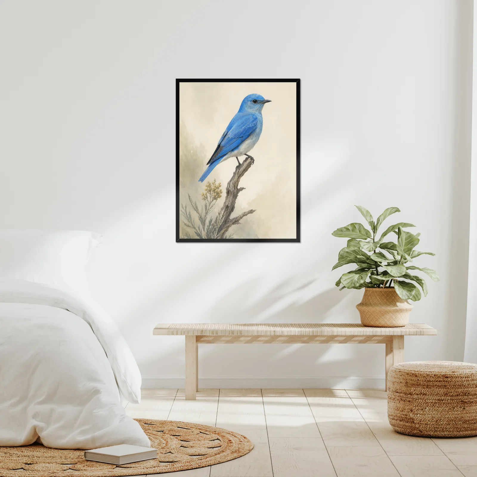 Mountain Bluebird Print framed at 24x30 inches, shown on a wall to scale