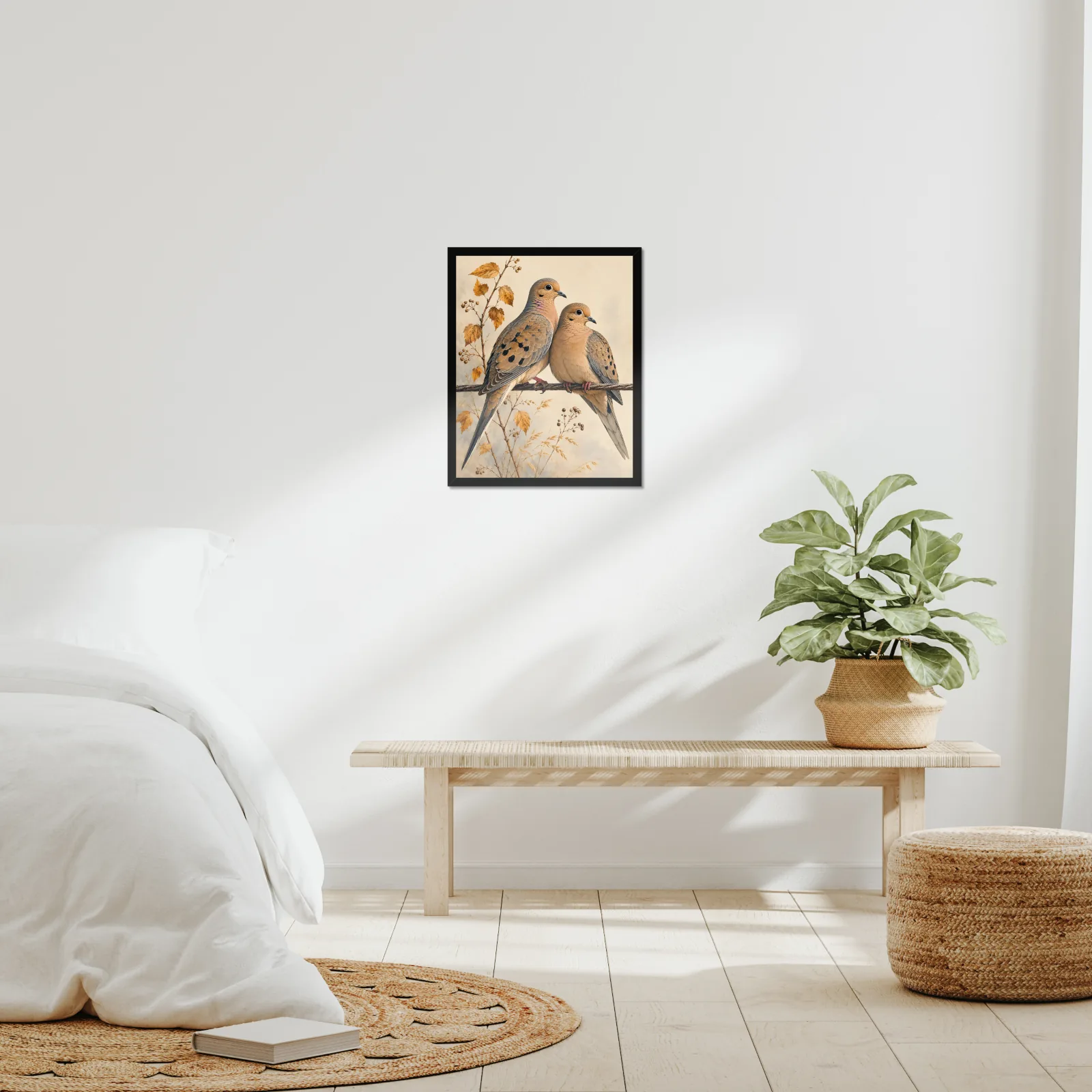Mourning Dove Print framed at 16x20 inches, shown on a wall to scale
