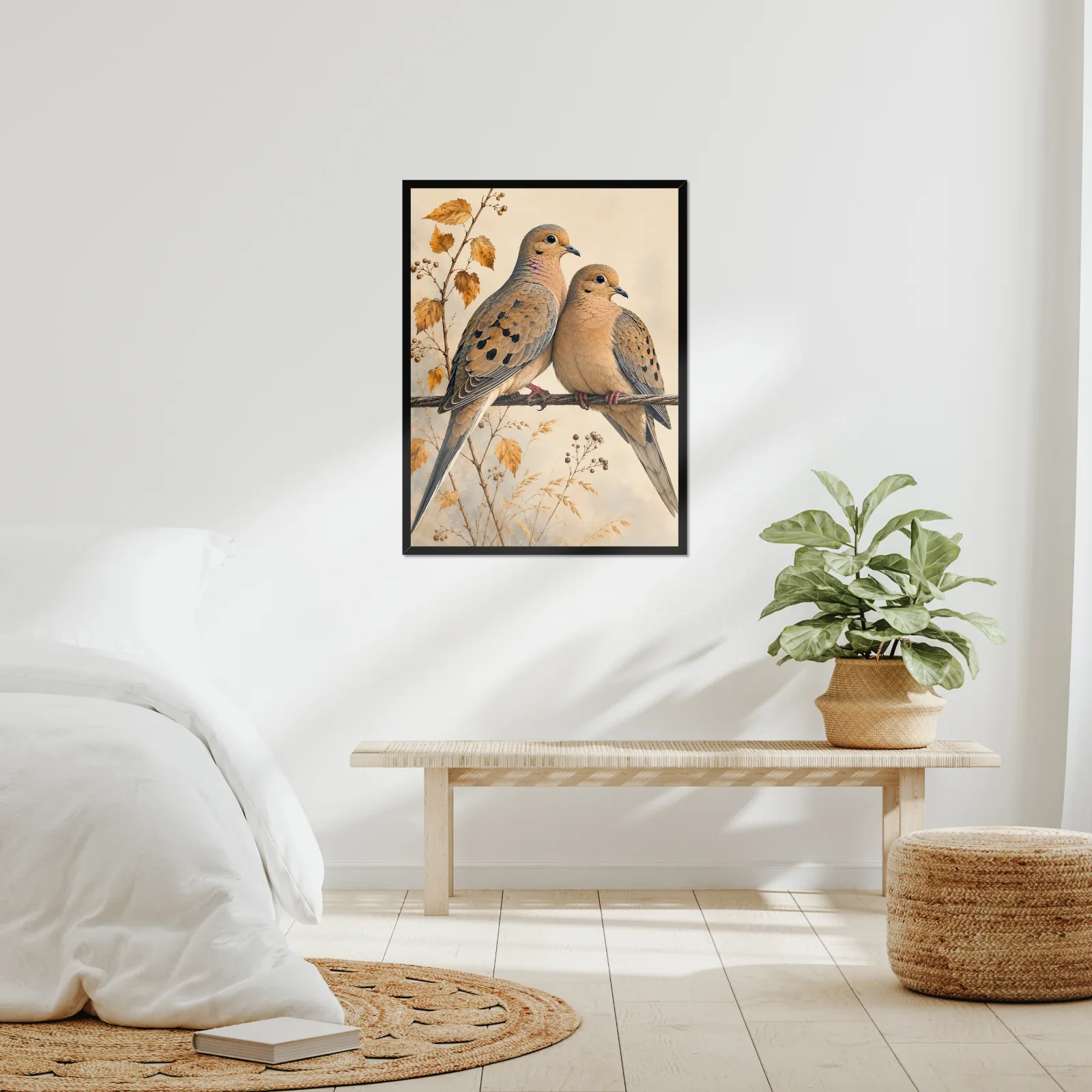 Mourning Dove Print framed at 24x30 inches, shown on a wall to scale