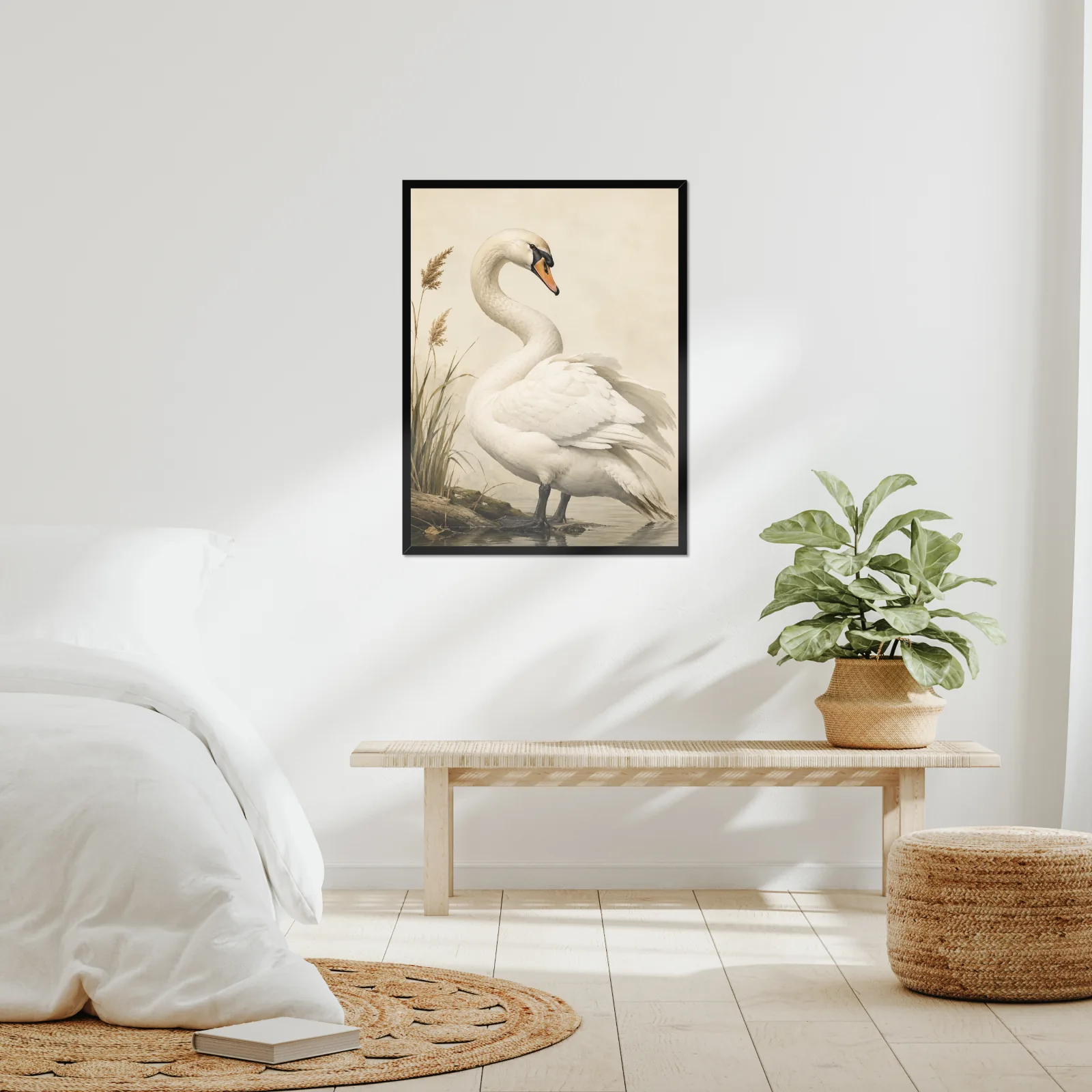 Mute Swan Print framed at 24x30 inches, shown on a wall to scale