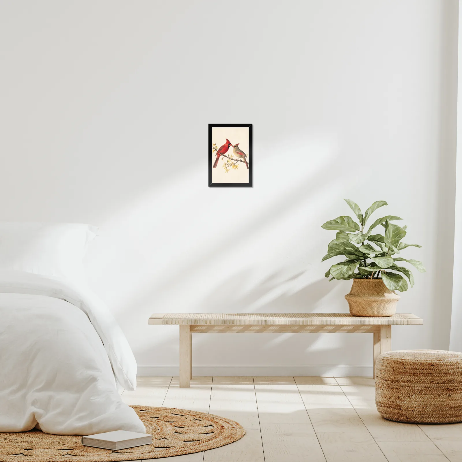 Northern Cardinal Print - Courtship Feeding No. 2 framed at 8x10 inches, shown on a wall to scale
