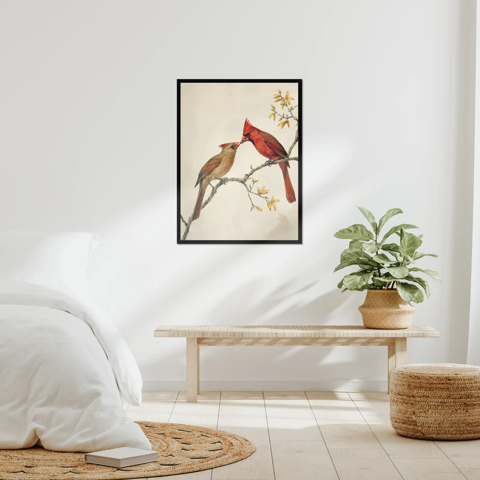 Northern Cardinal Print - Courtship Feeding framed at 24x30 inches, shown on a wall to scale
