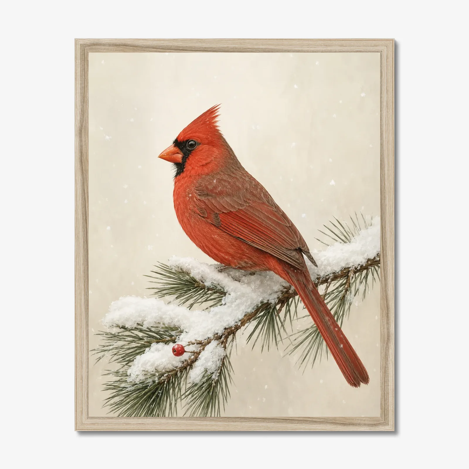 Northern Cardinal Print - Male in Snow in a natural frame