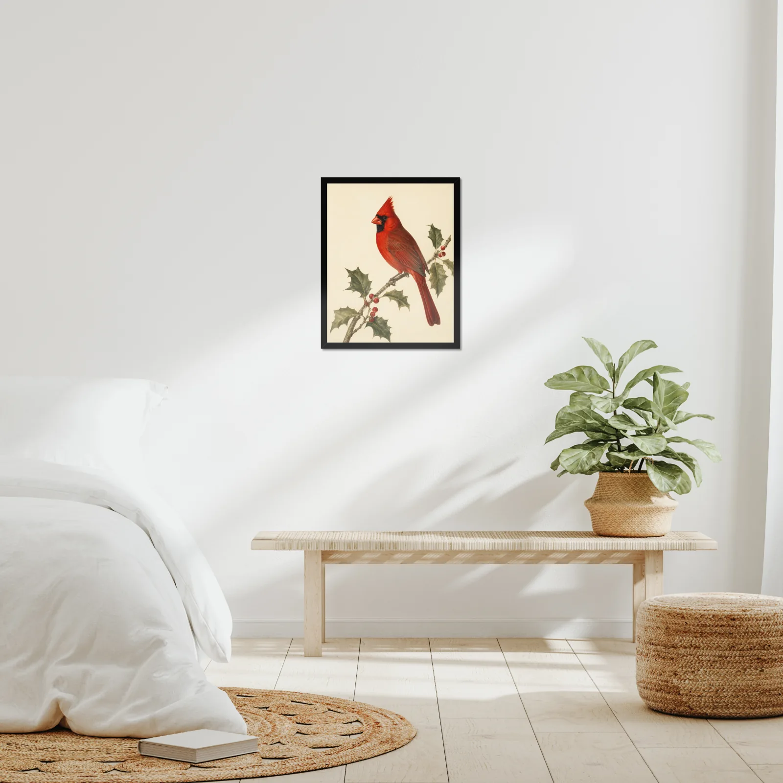 Northern Cardinal Print - Male Perched framed at 16x20 inches, shown on a wall to scale