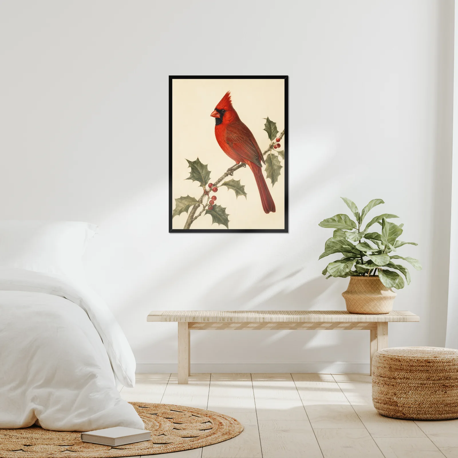 Northern Cardinal Print - Male Perched framed at 24x30 inches, shown on a wall to scale