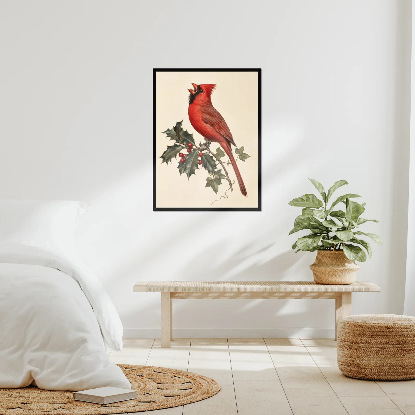 Northern Cardinal Print - Male on Christmas Holly framed at 24x30 inches, shown on a wall to scale