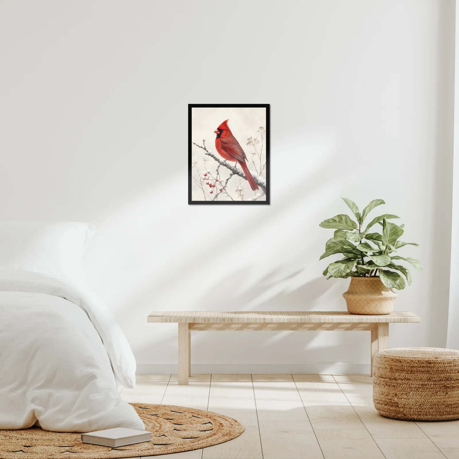 Cardinal in the Snow Print framed at 16x20 inches, shown on a wall to scale