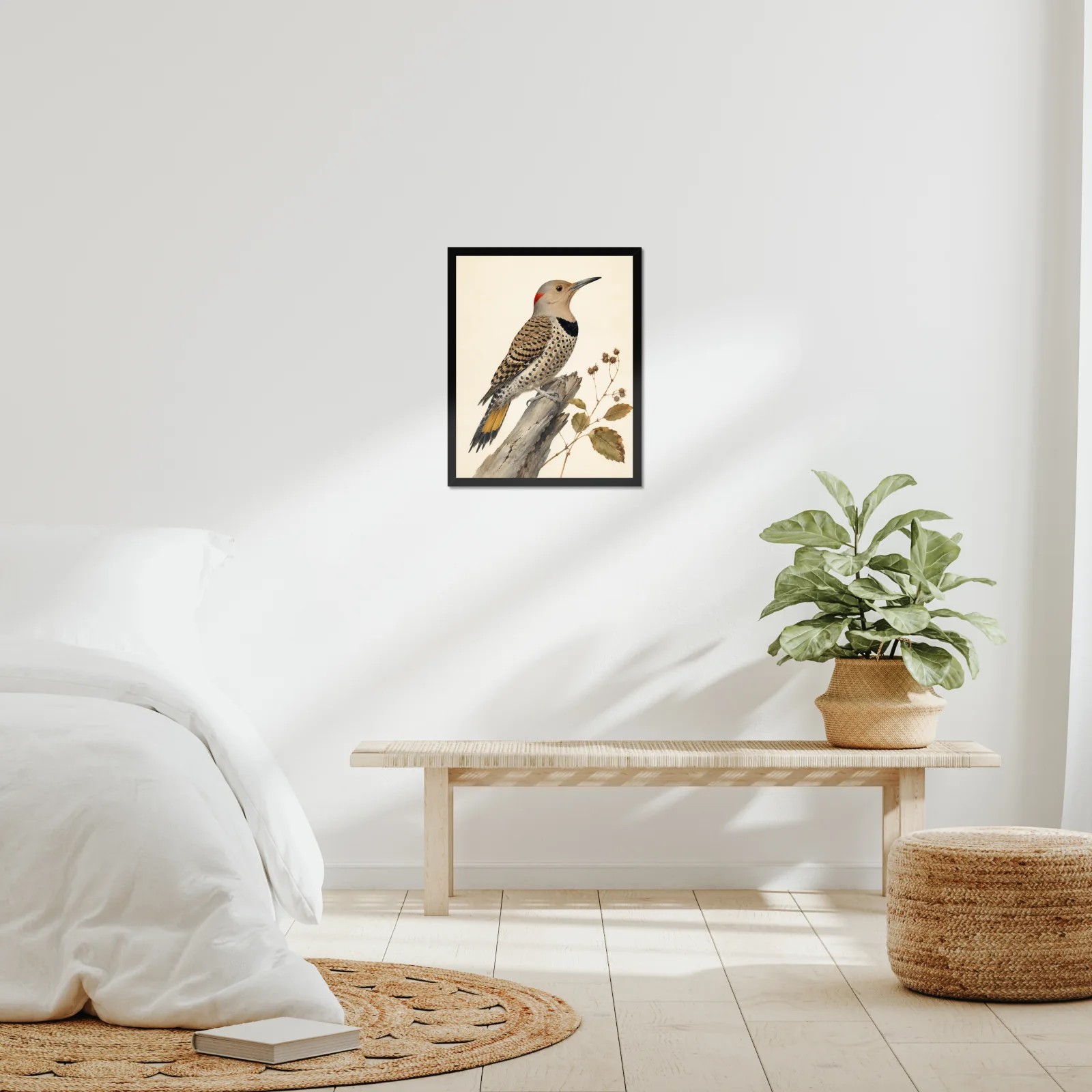 Northern Flicker Print framed at 16x20 inches, shown on a wall to scale
