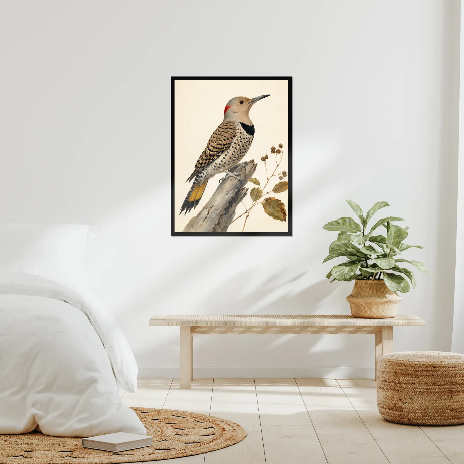 Northern Flicker Print framed at 24x30 inches, shown on a wall to scale