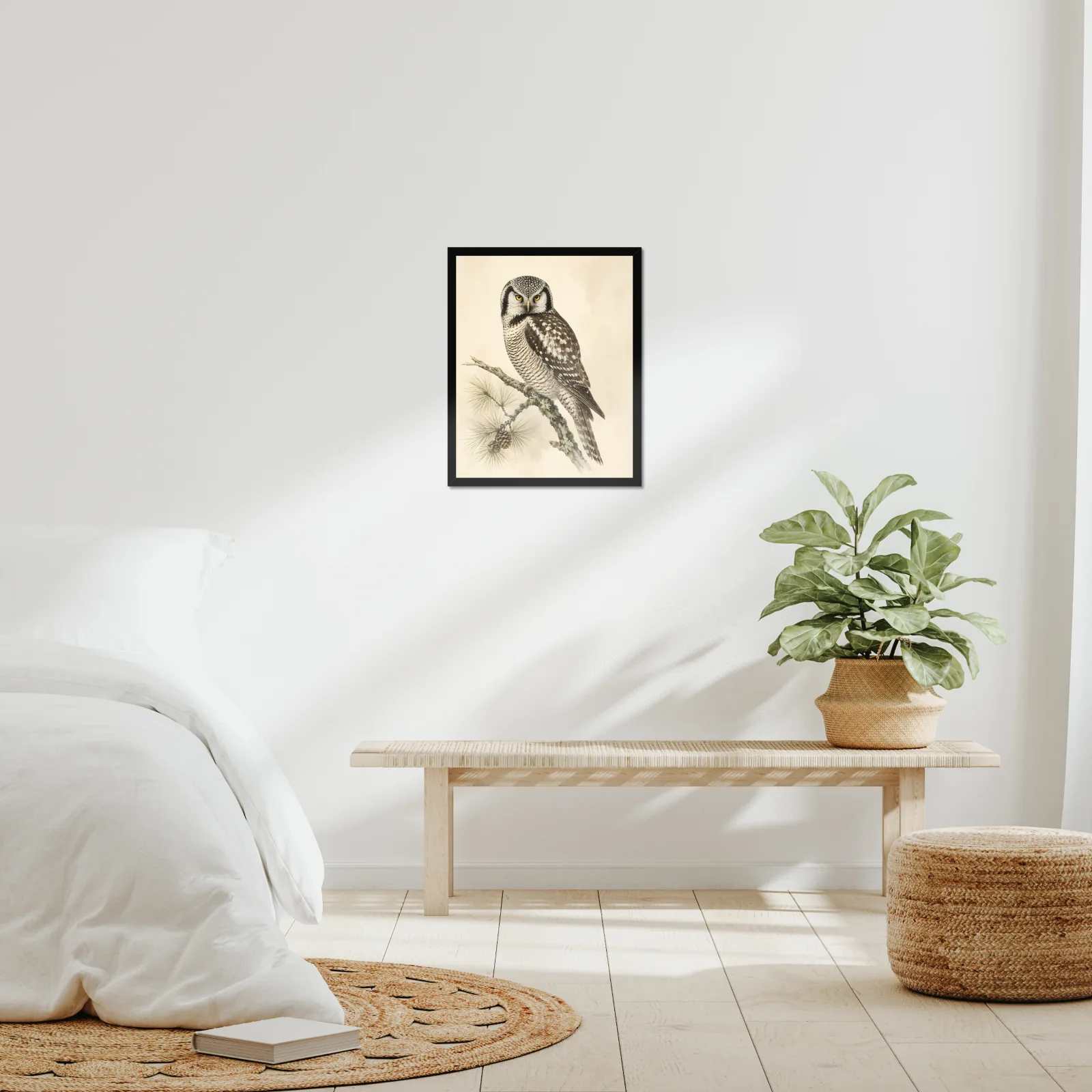 Northern Hawk Owl Print framed at 16x20 inches, shown on a wall to scale
