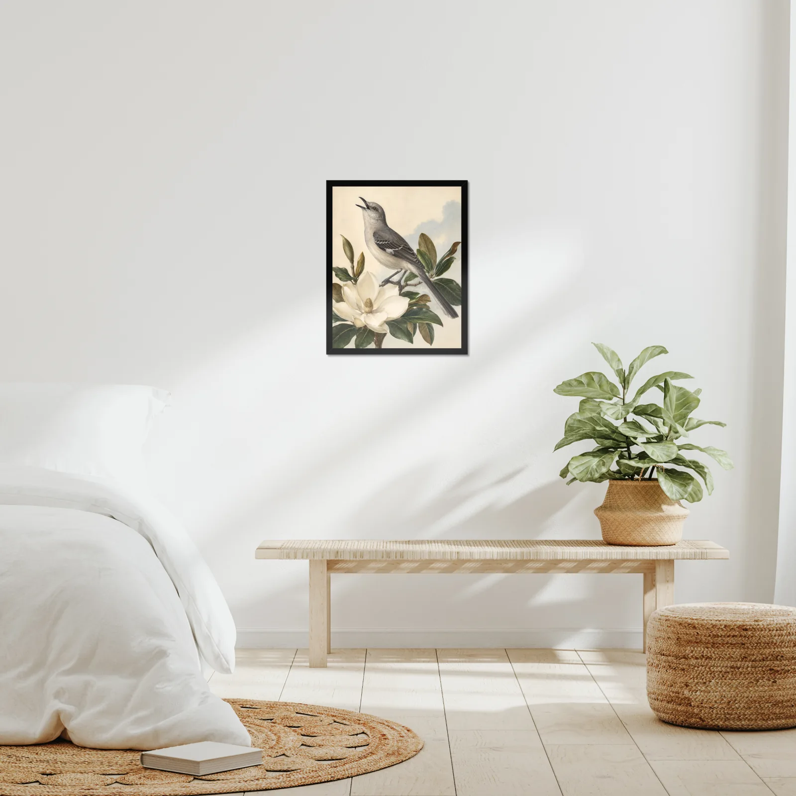 Northern Mockingbird Print framed at 16x20 inches, shown on a wall to scale