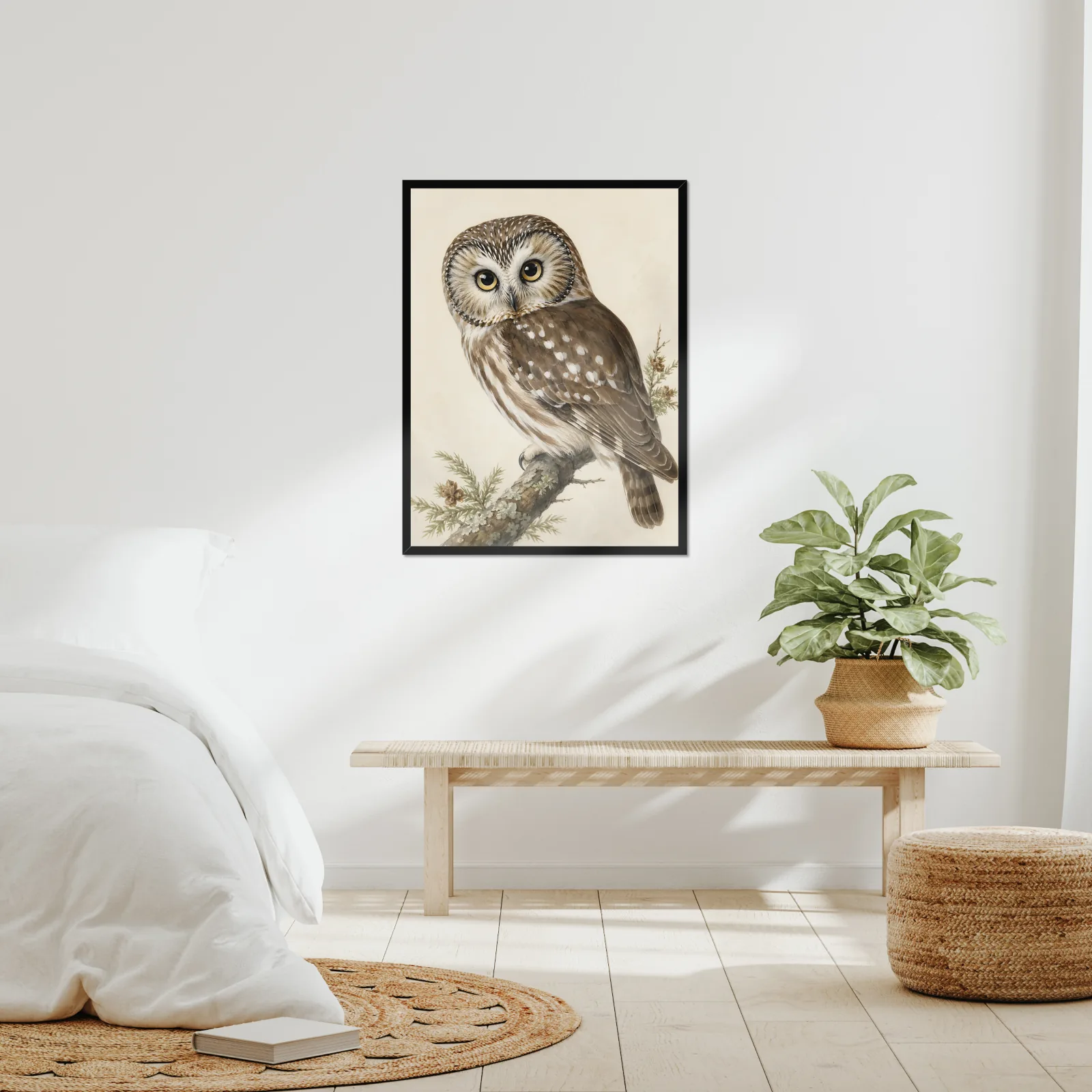 Northern Saw-whet Owl Print framed at 24x30 inches, shown on a wall to scale