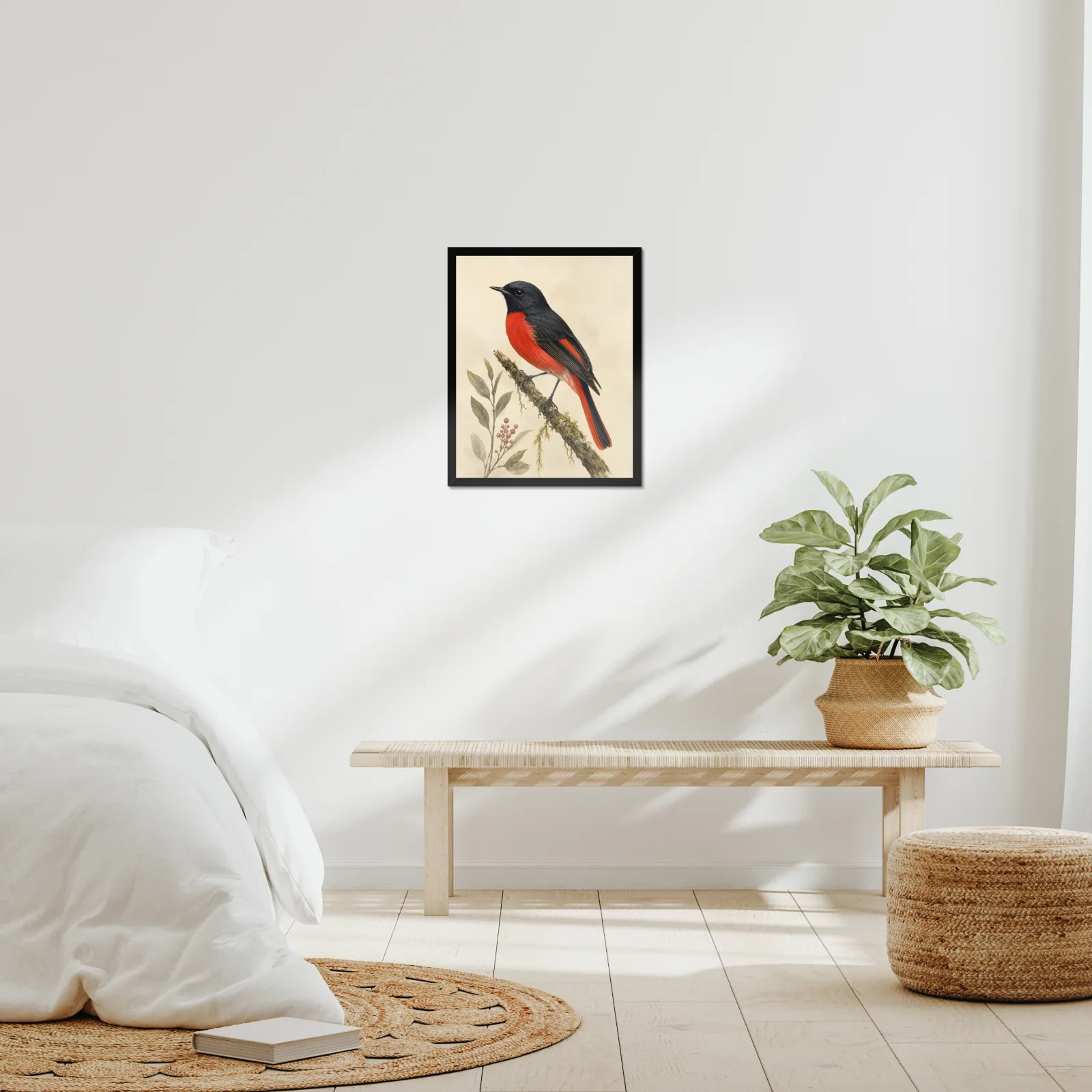 Painted Redstart Print framed at 16x20 inches, shown on a wall to scale