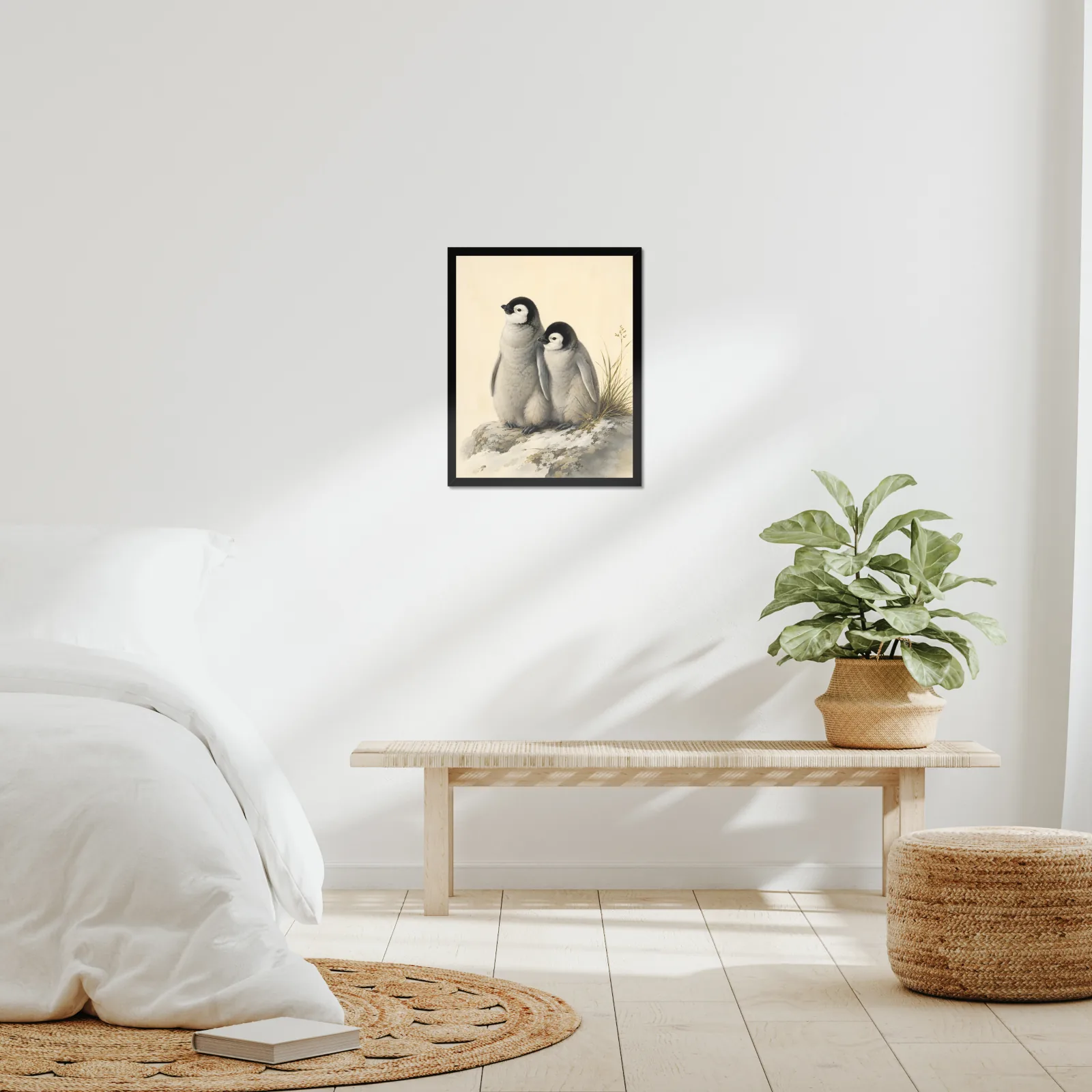 Penguin Chicks Print framed at 16x20 inches, shown on a wall to scale