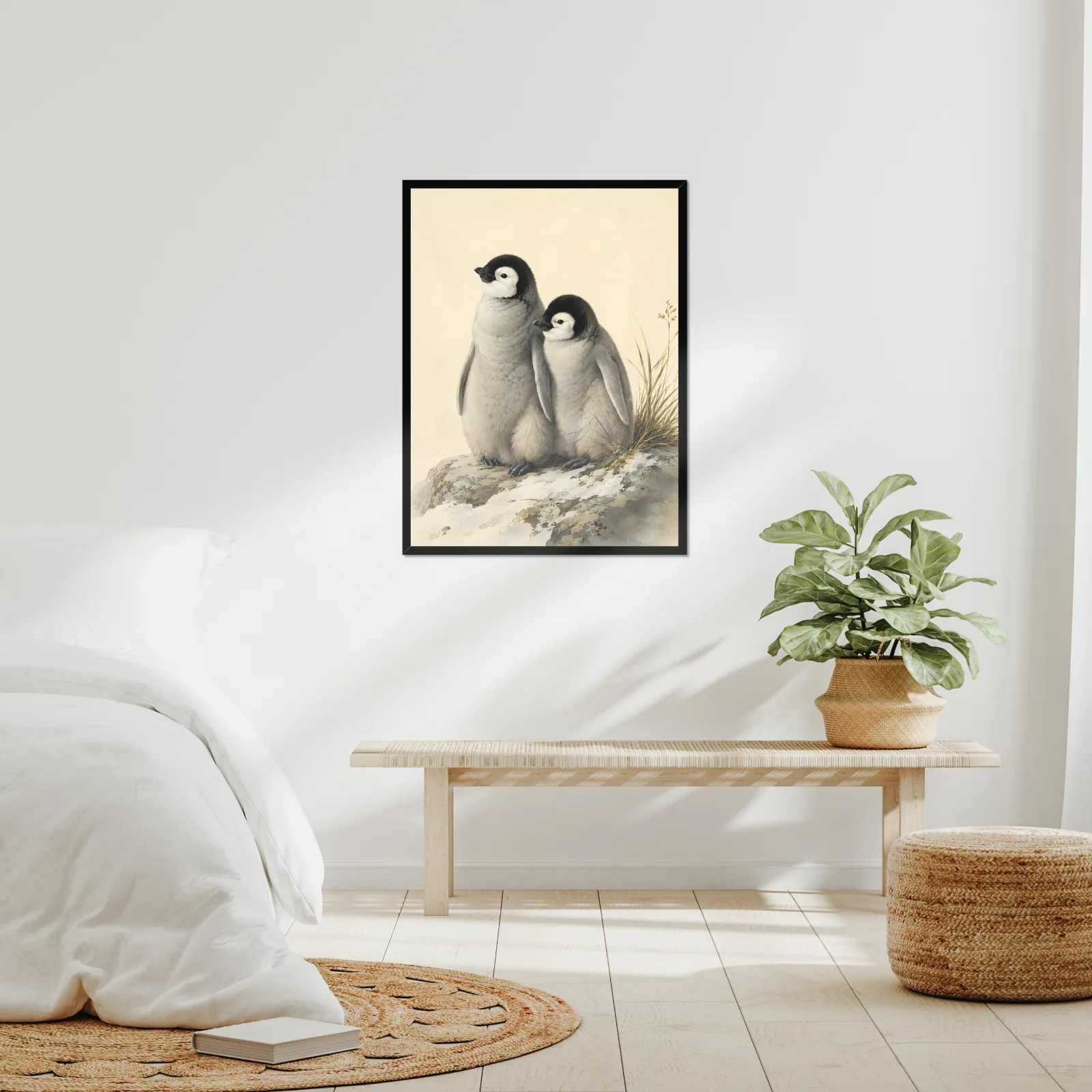 Penguin Chicks Print framed at 24x30 inches, shown on a wall to scale