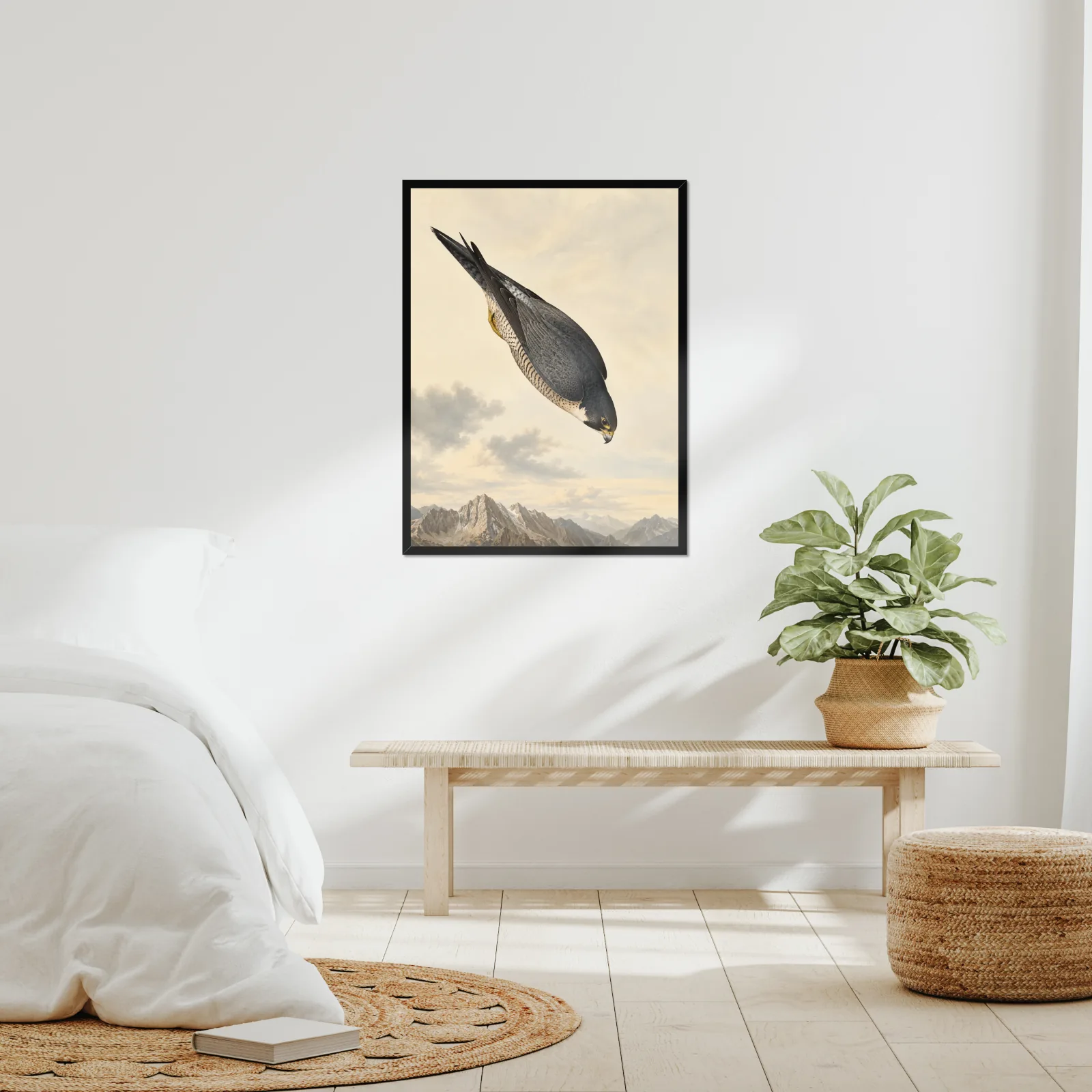 Peregrine Falcon Print framed at 24x30 inches, shown on a wall to scale
