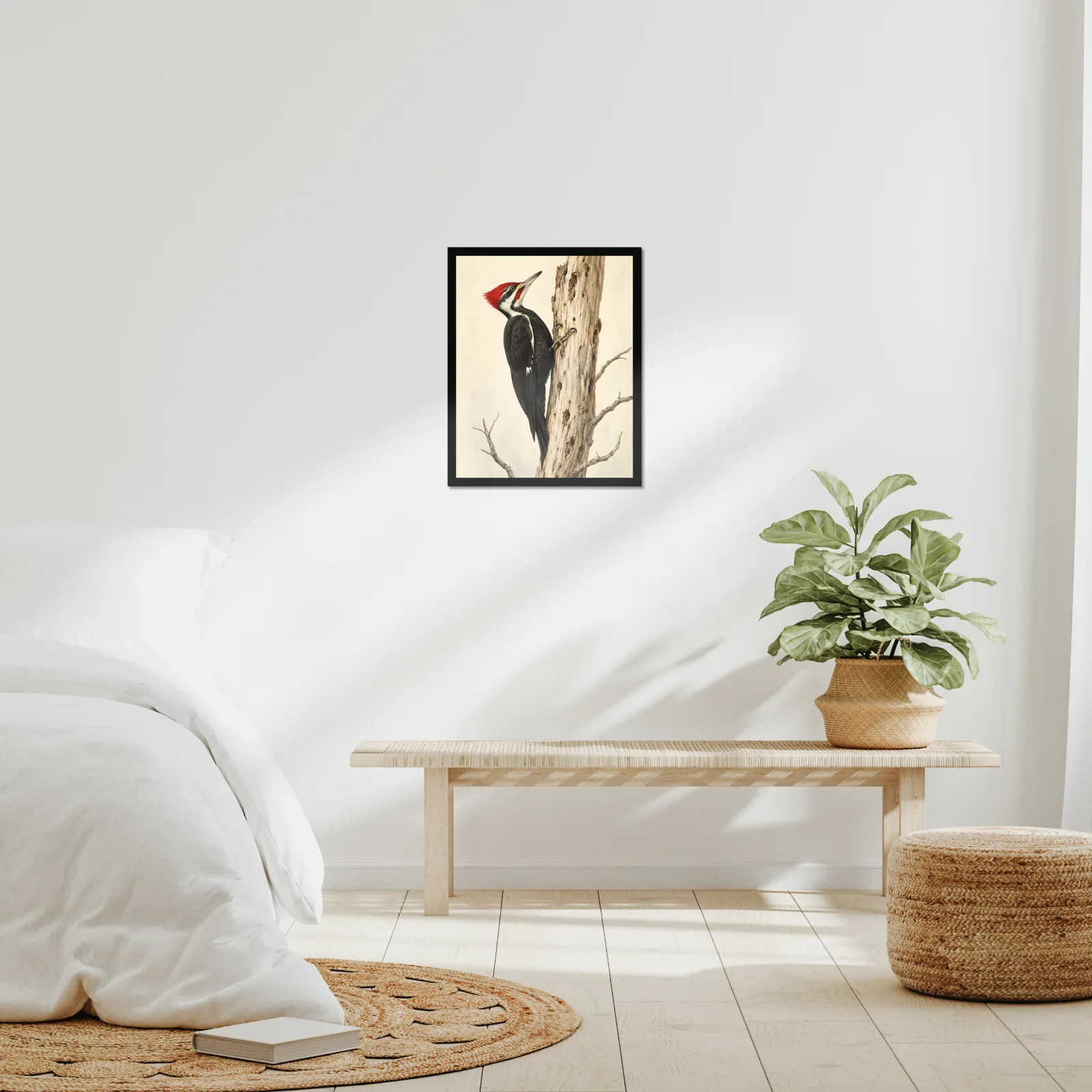 Pileated Woodpecker Print framed at 16x20 inches, shown on a wall to scale