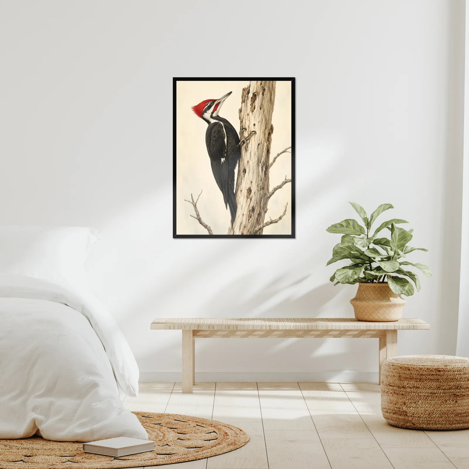 Pileated Woodpecker Print framed at 24x30 inches, shown on a wall to scale