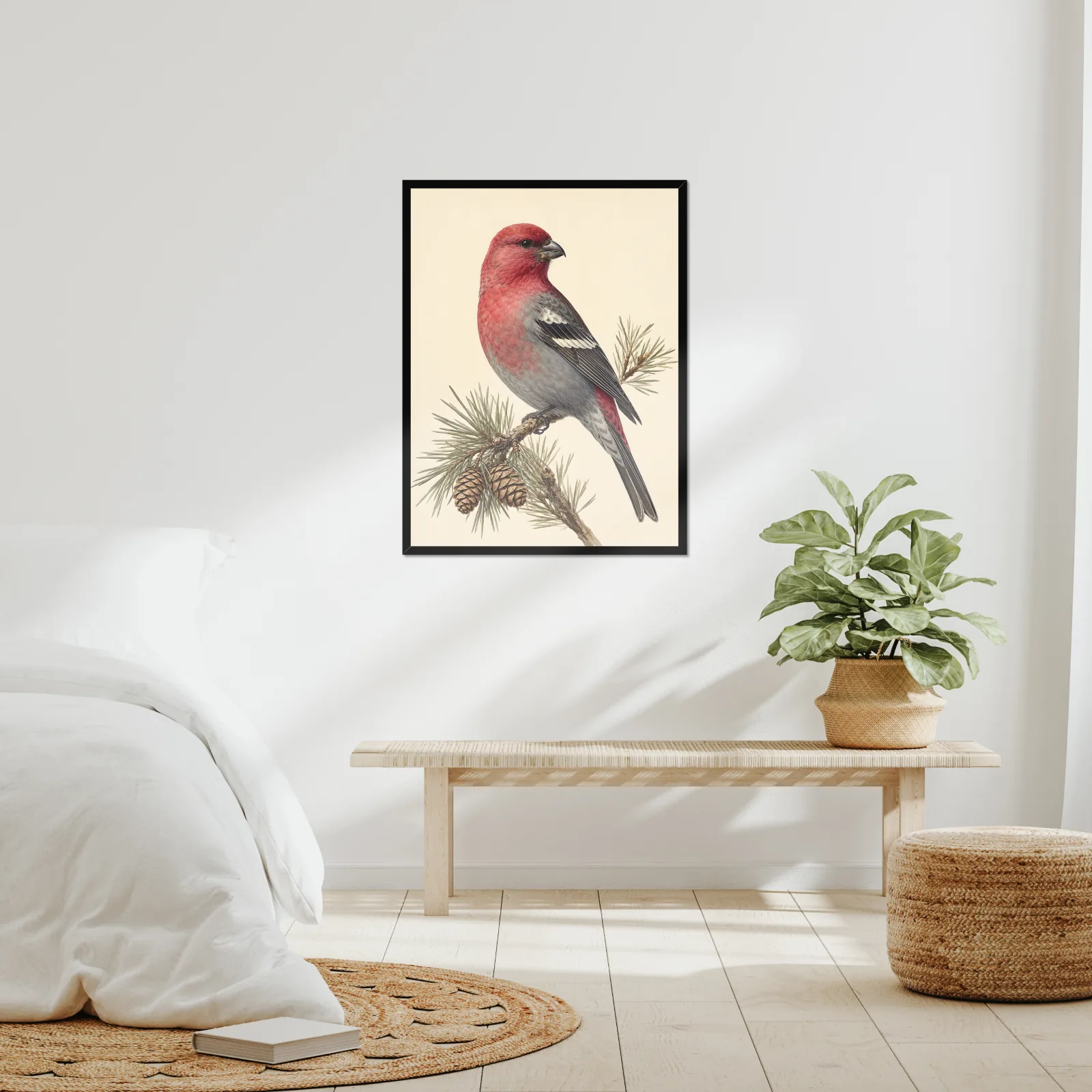 Pine Grosbeak Print framed at 24x30 inches, shown on a wall to scale