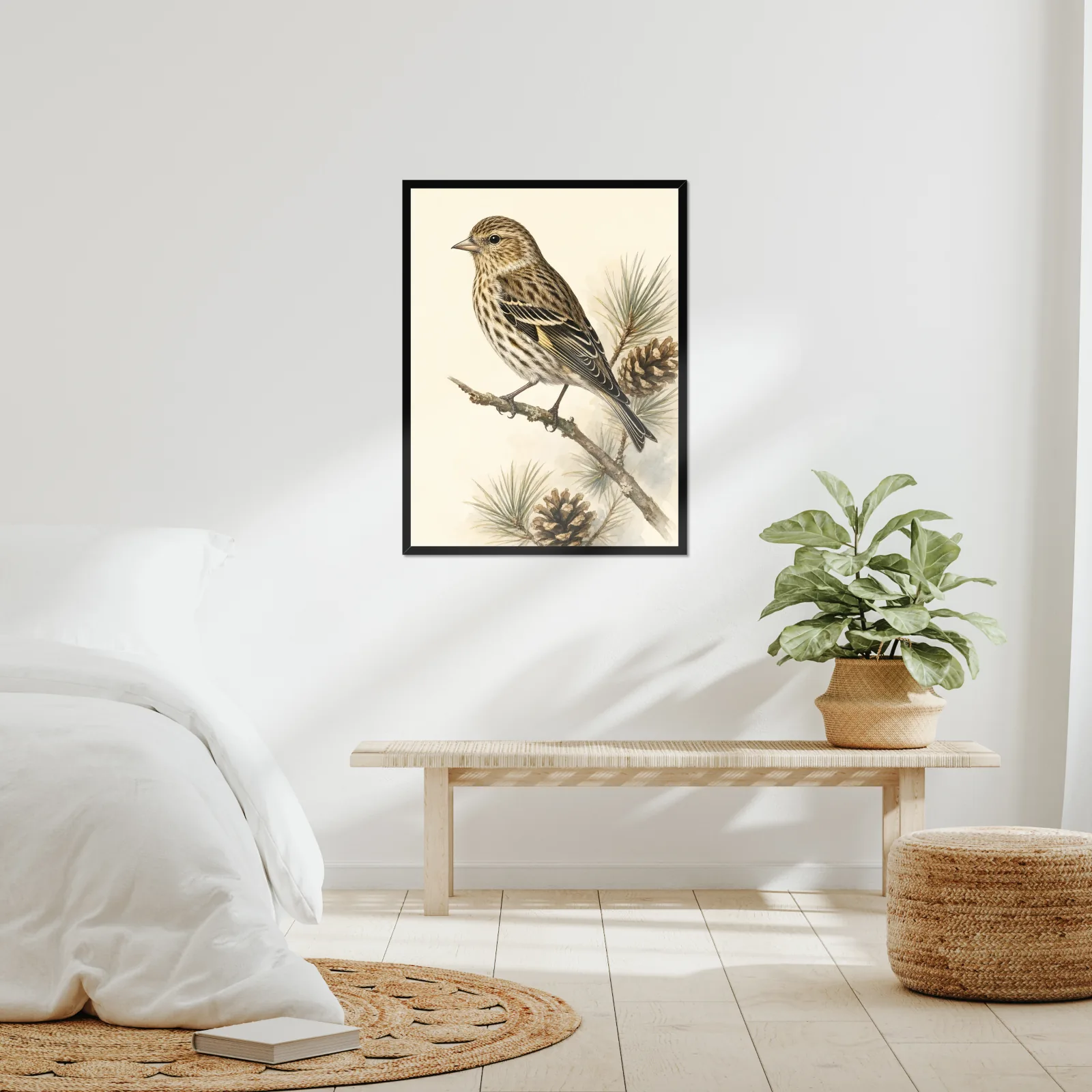 Pine Siskin Print framed at 24x30 inches, shown on a wall to scale