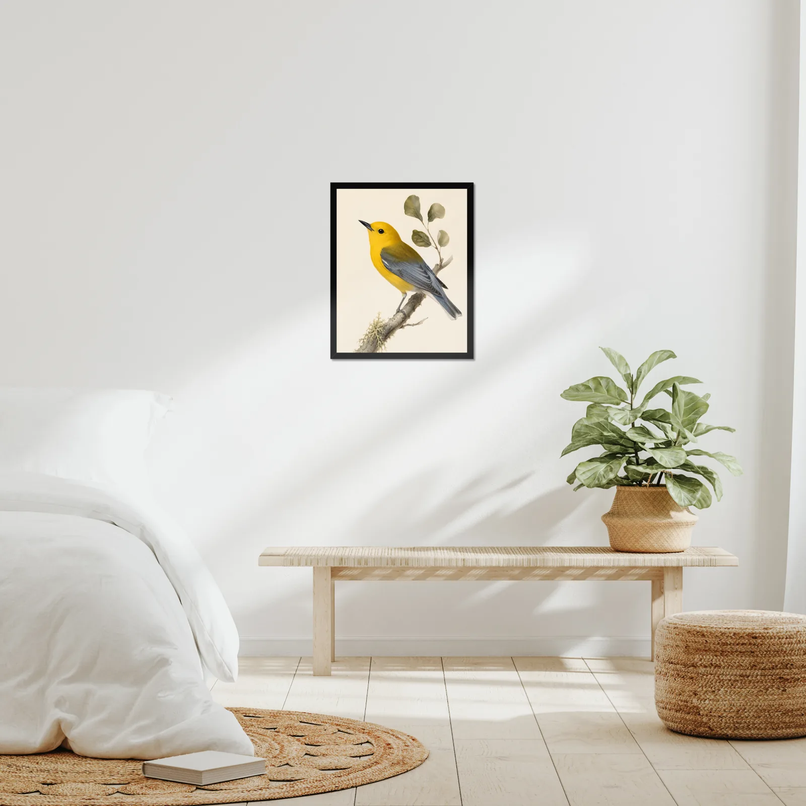 Prothonotary Warbler Print framed at 16x20 inches, shown on a wall to scale